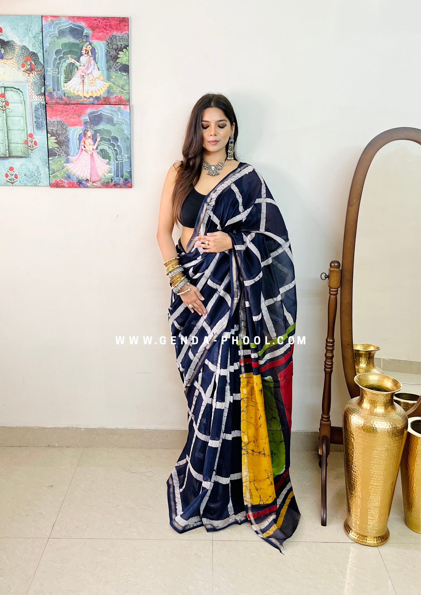 Handloom Dabu Handblock Printed Chanderi Silk Cotton Saree with Zari Border