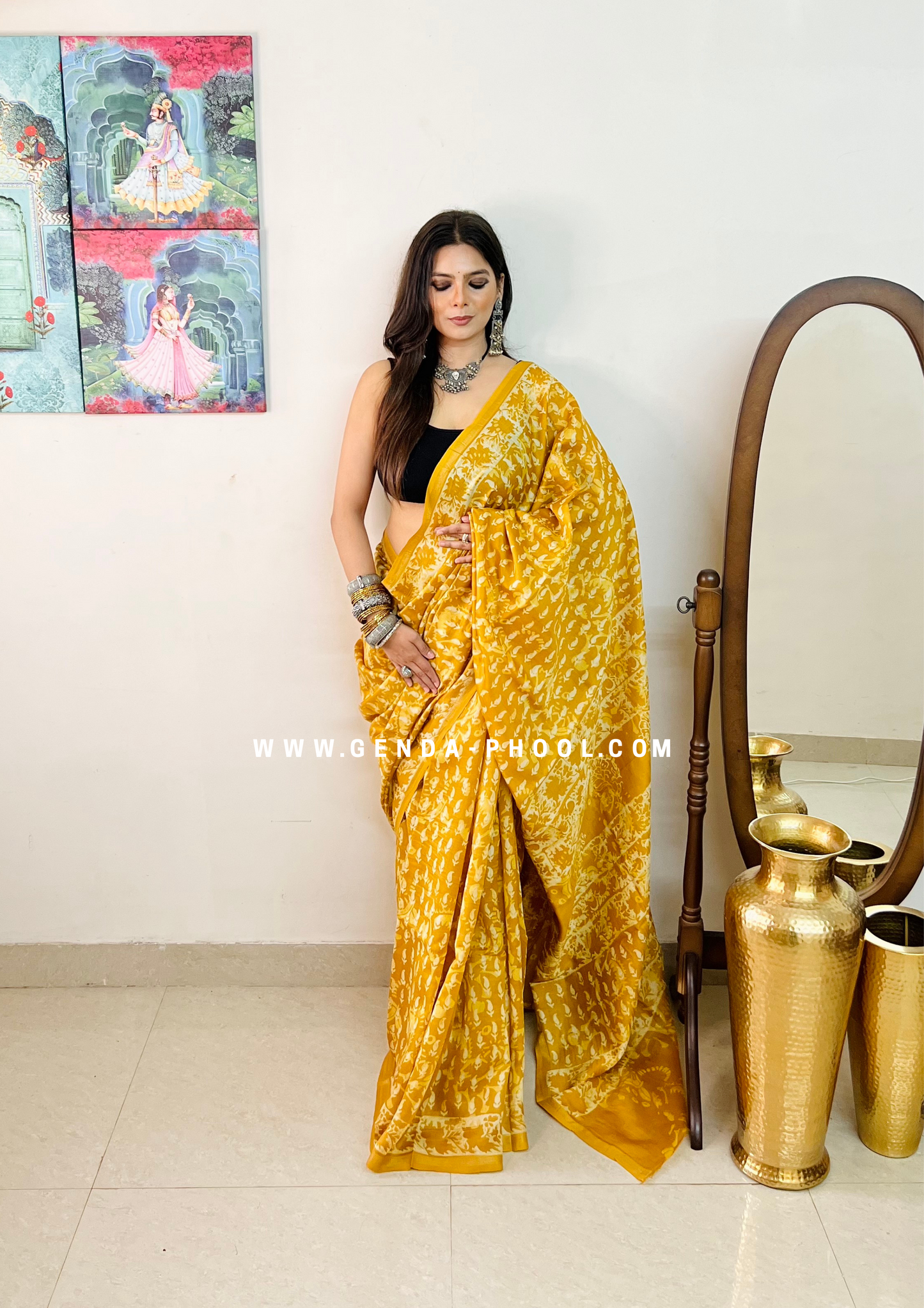 Handloom Dabu Handblock Printed Chanderi Silk Cotton Saree with Zari Border