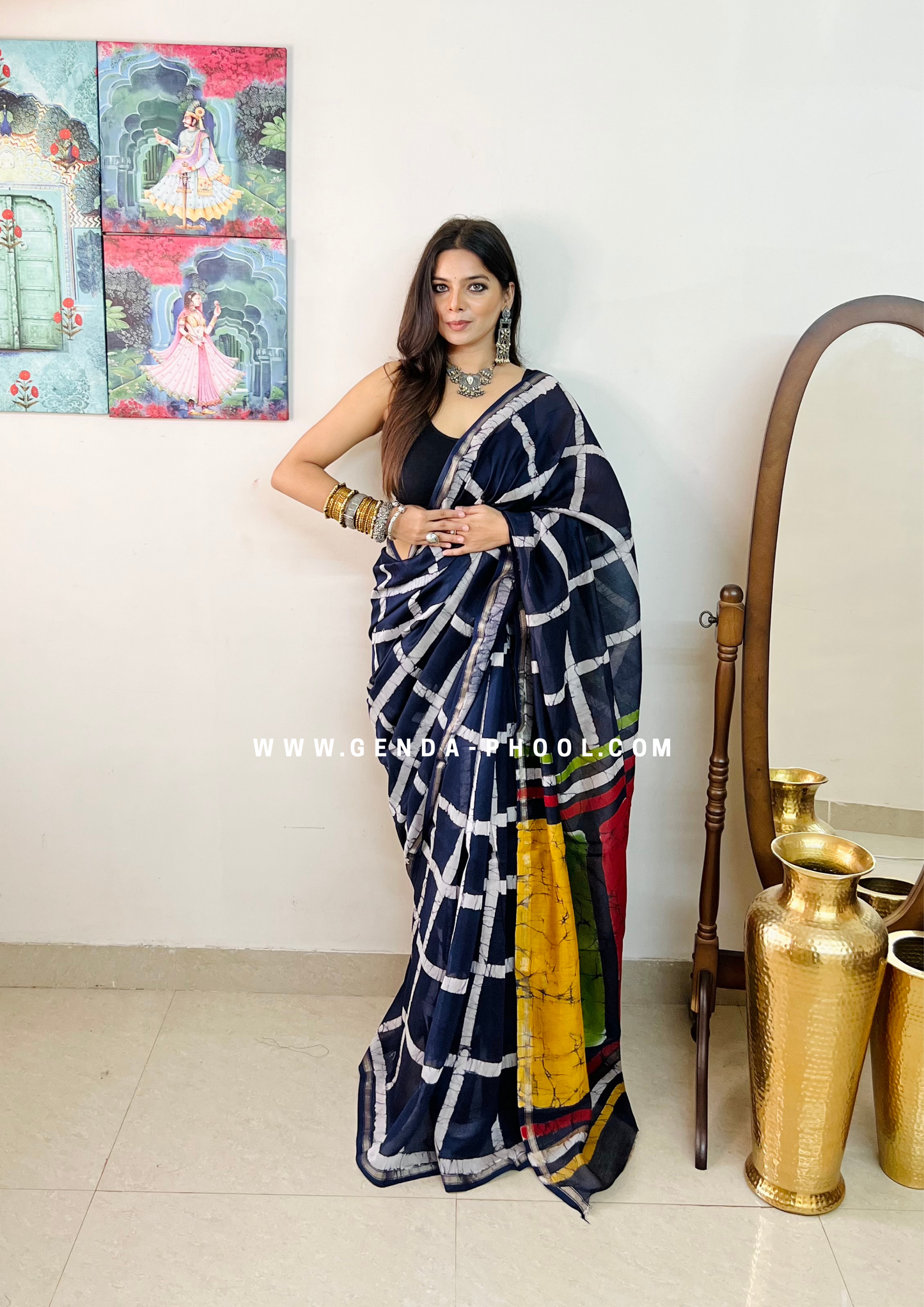 Handloom Dabu Handblock Printed Chanderi Silk Cotton Saree with Zari Border