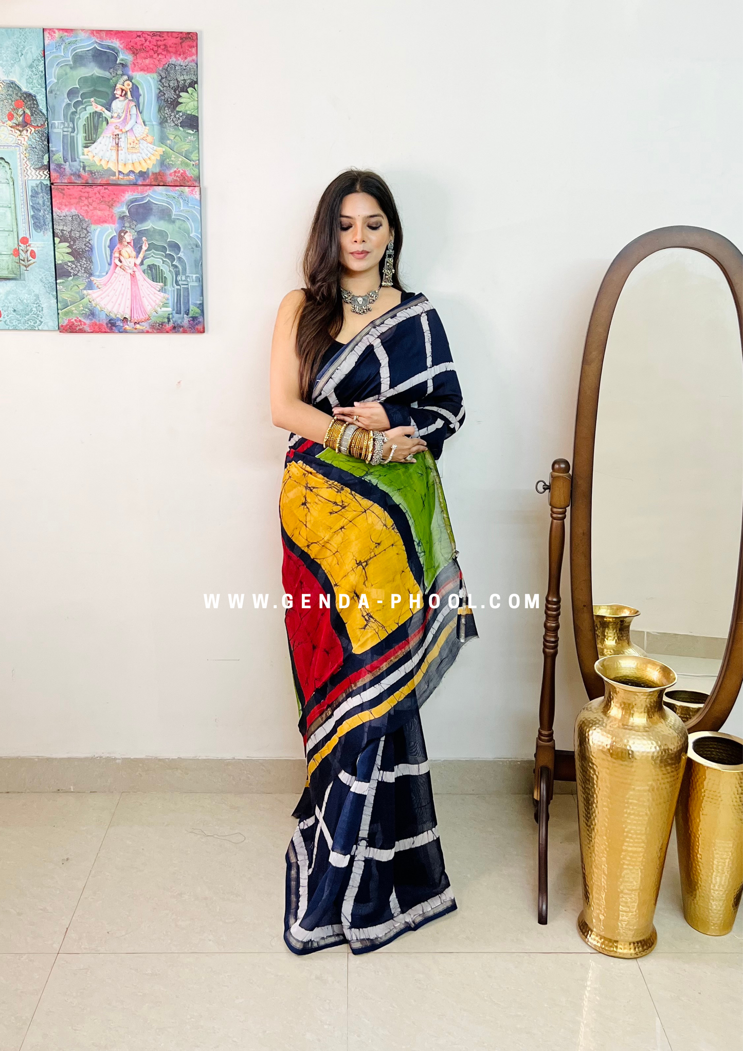 Handloom Dabu Handblock Printed Chanderi Silk Cotton Saree with Zari Border