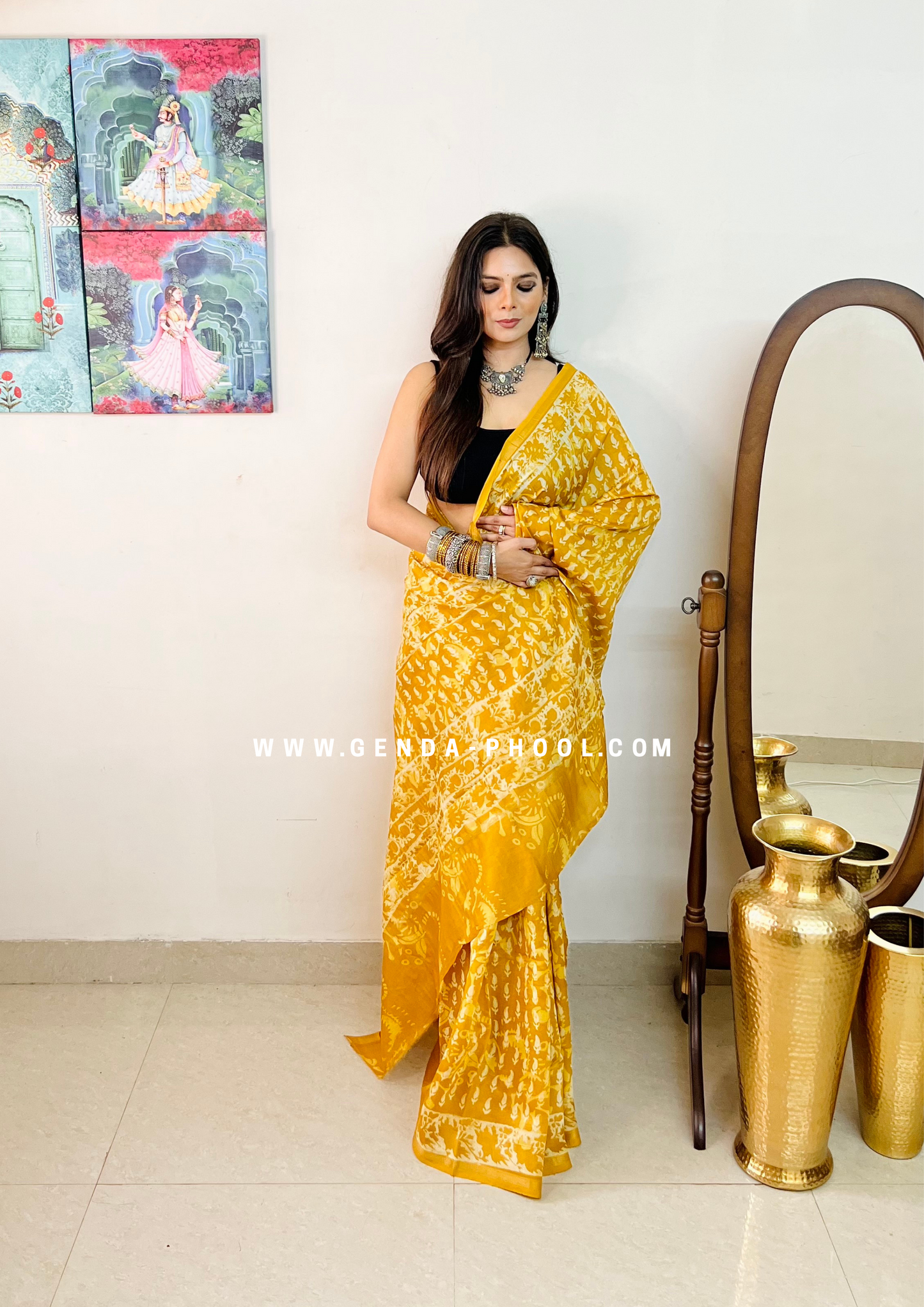 Handloom Dabu Handblock Printed Chanderi Silk Cotton Saree with Zari Border