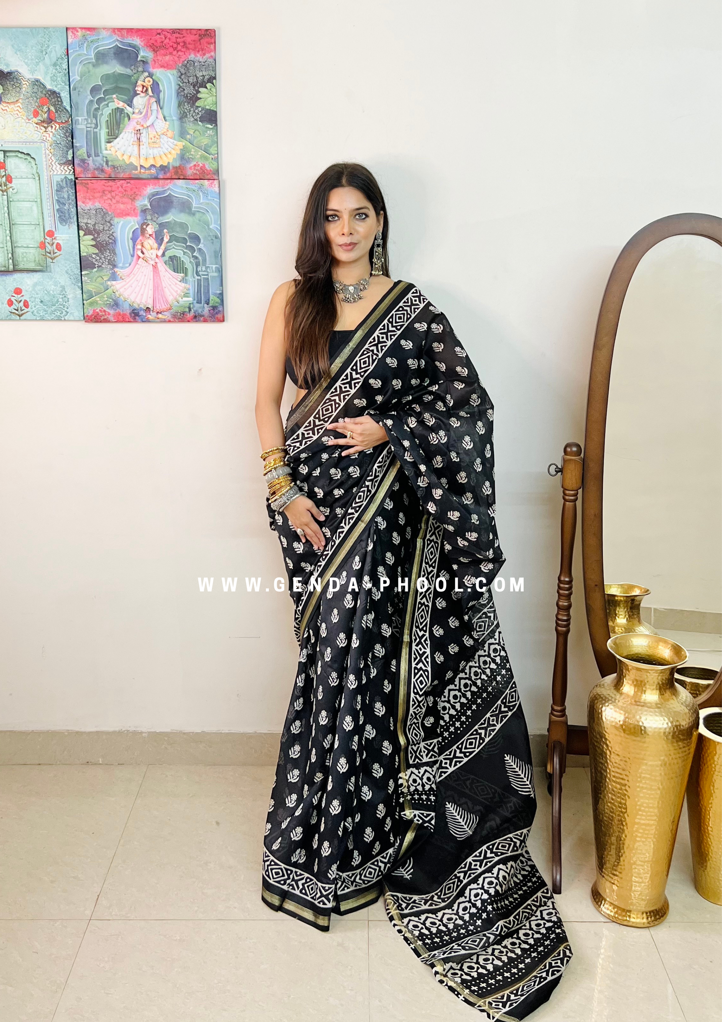 Handloom Dabu Handblock Printed Chanderi Silk Cotton Saree with Zari Border