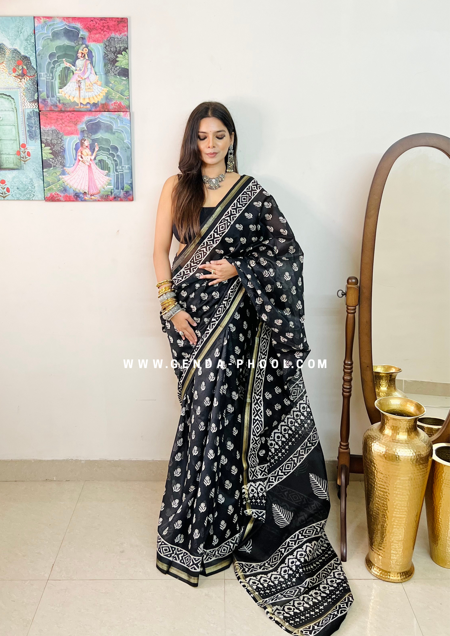 Handloom Dabu Handblock Printed Chanderi Silk Cotton Saree with Zari Border