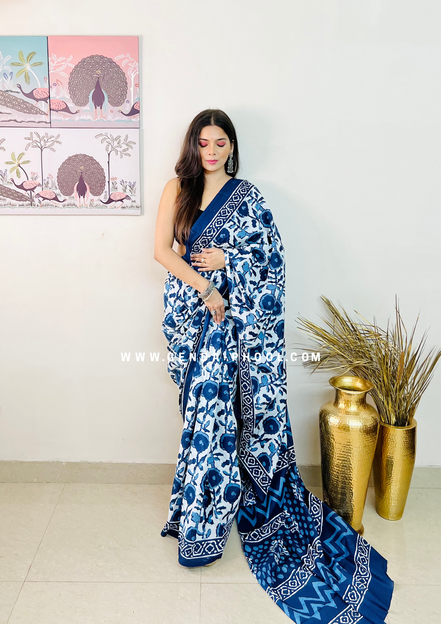 Dabu Handblock Printed Natural Dyed Mulmul Cotton Saree