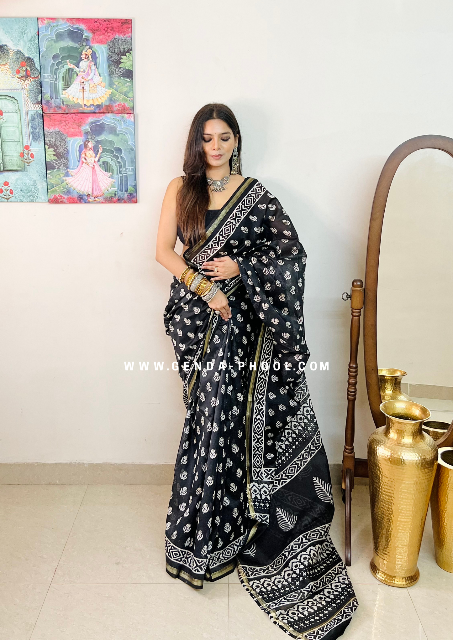 Handloom Dabu Handblock Printed Chanderi Silk Cotton Saree with Zari Border