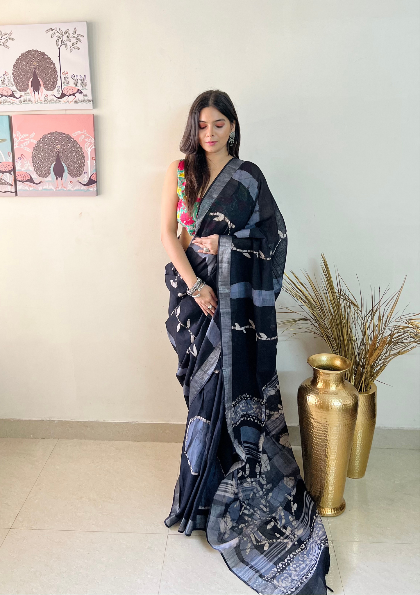 Handblock Printed Linen Cotton Saree