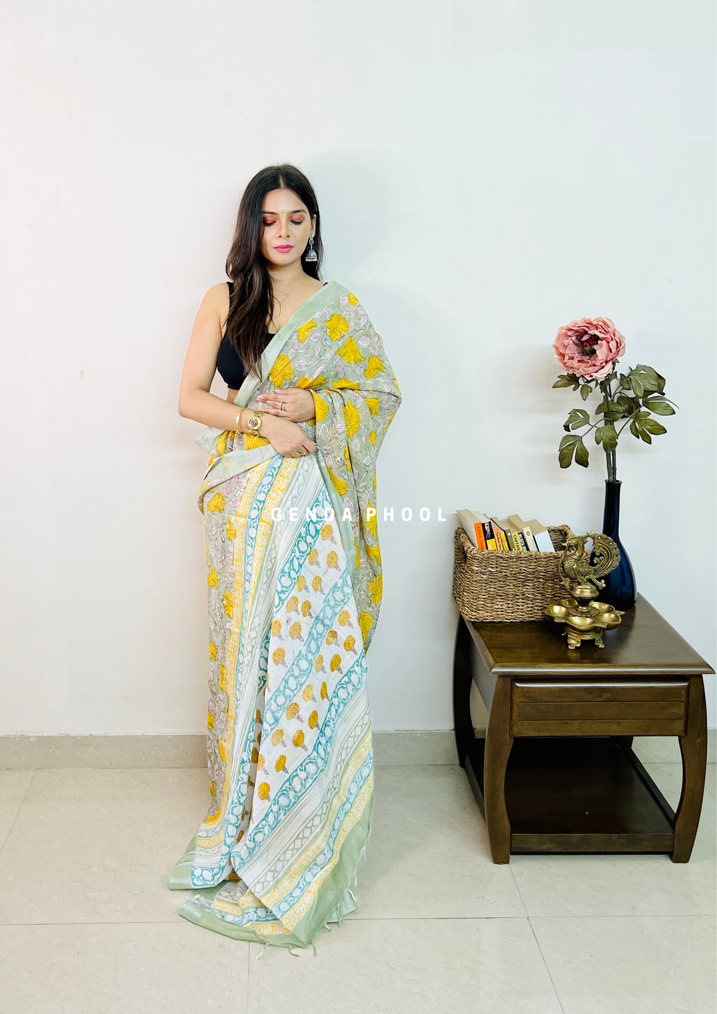 Handblock Printed Linen Cotton Saree