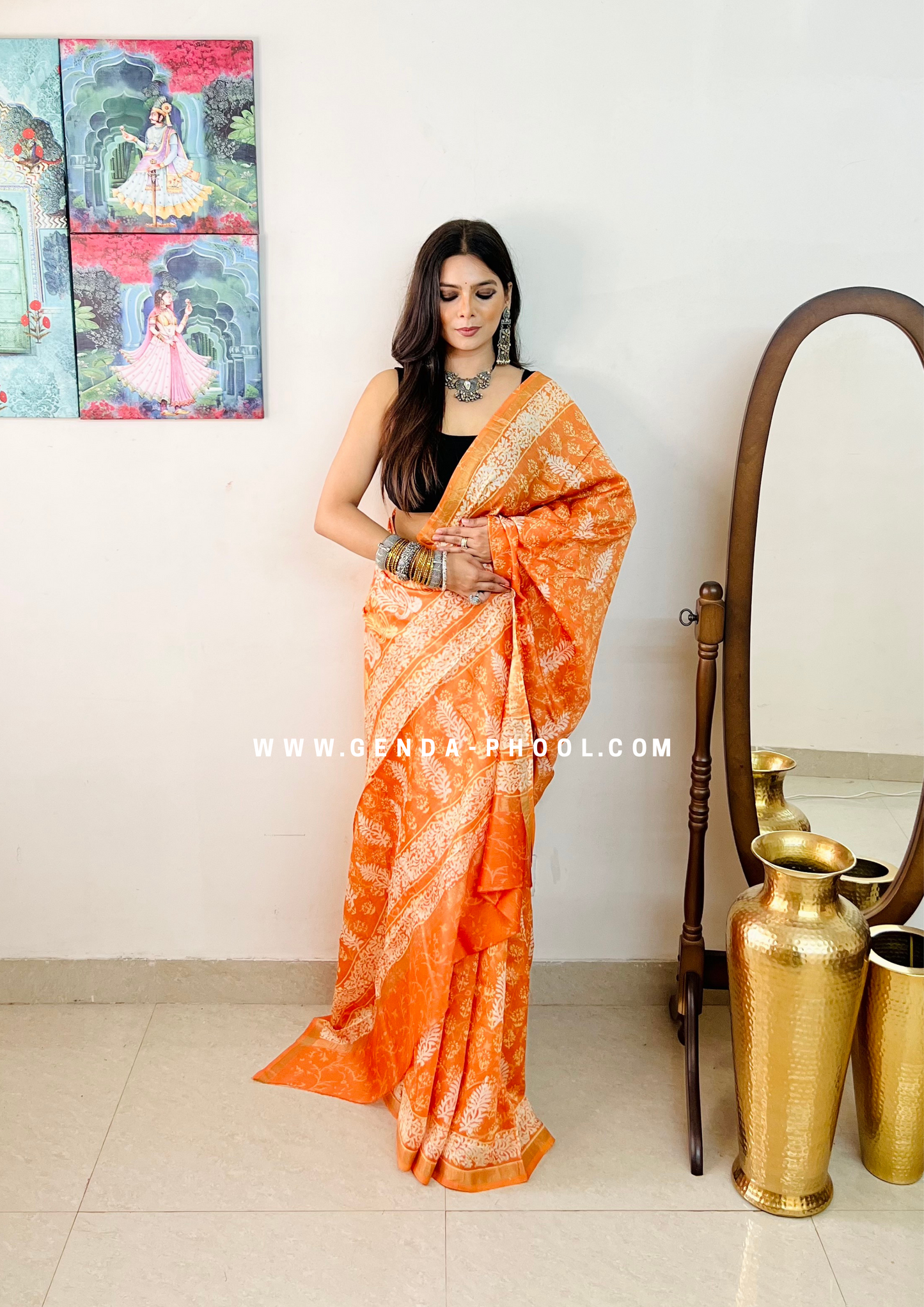 Handloom Dabu Handblock Printed Chanderi Silk Cotton Saree with Zari Border