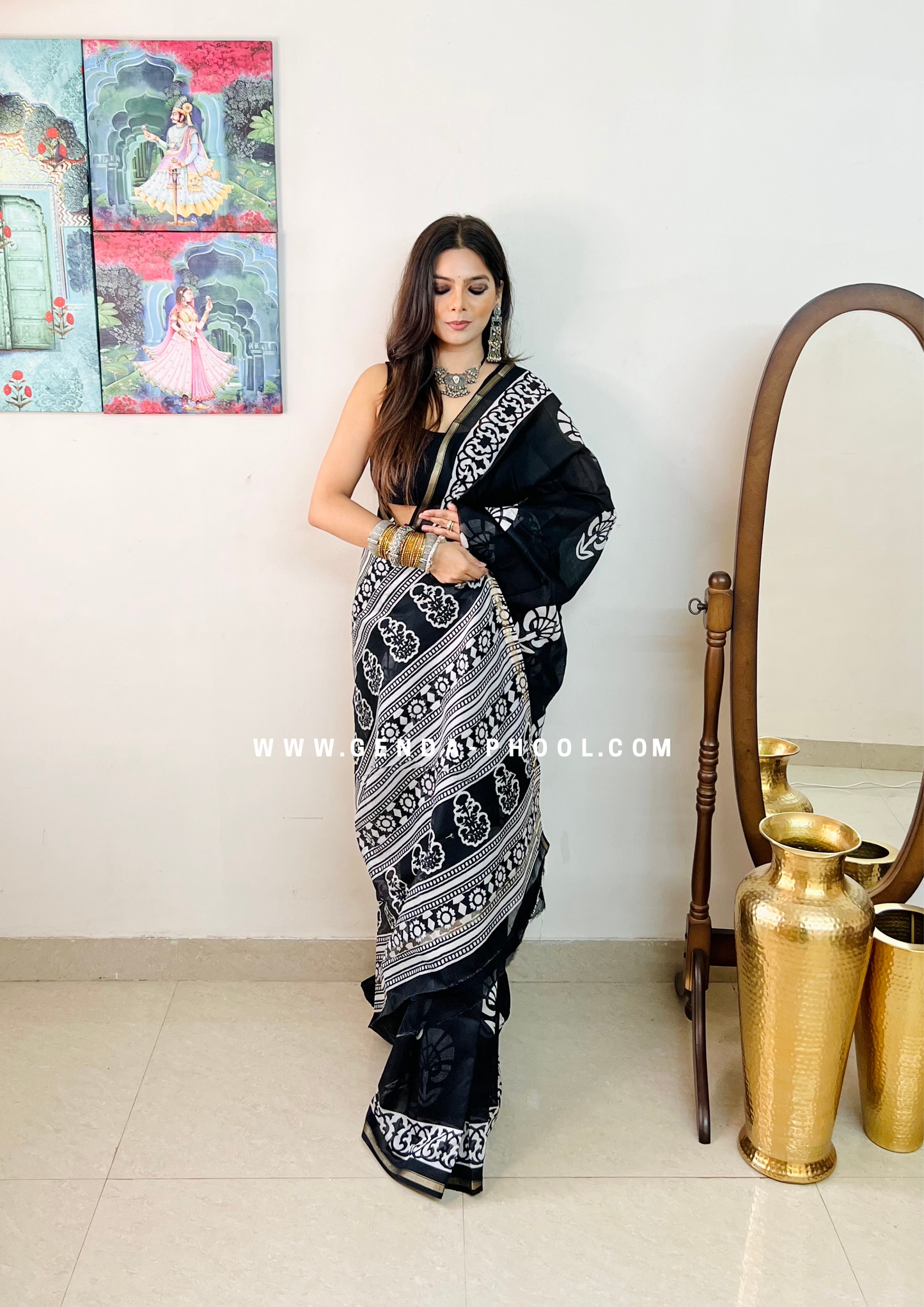 Handloom Dabu Handblock Printed Chanderi Silk Cotton Saree with Zari Border