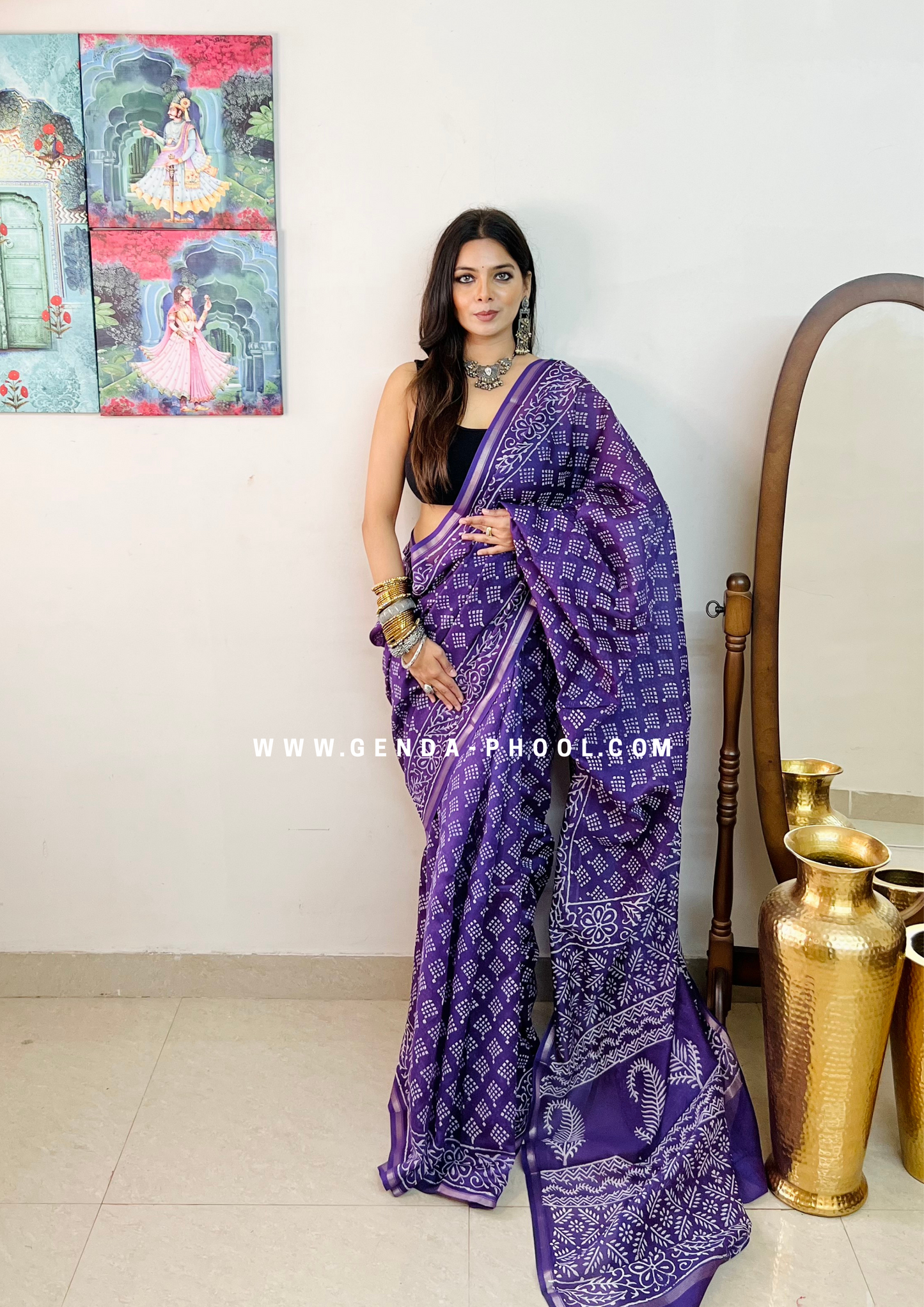 Handloom Dabu Handblock Printed Chanderi Silk Cotton Saree with Zari Border