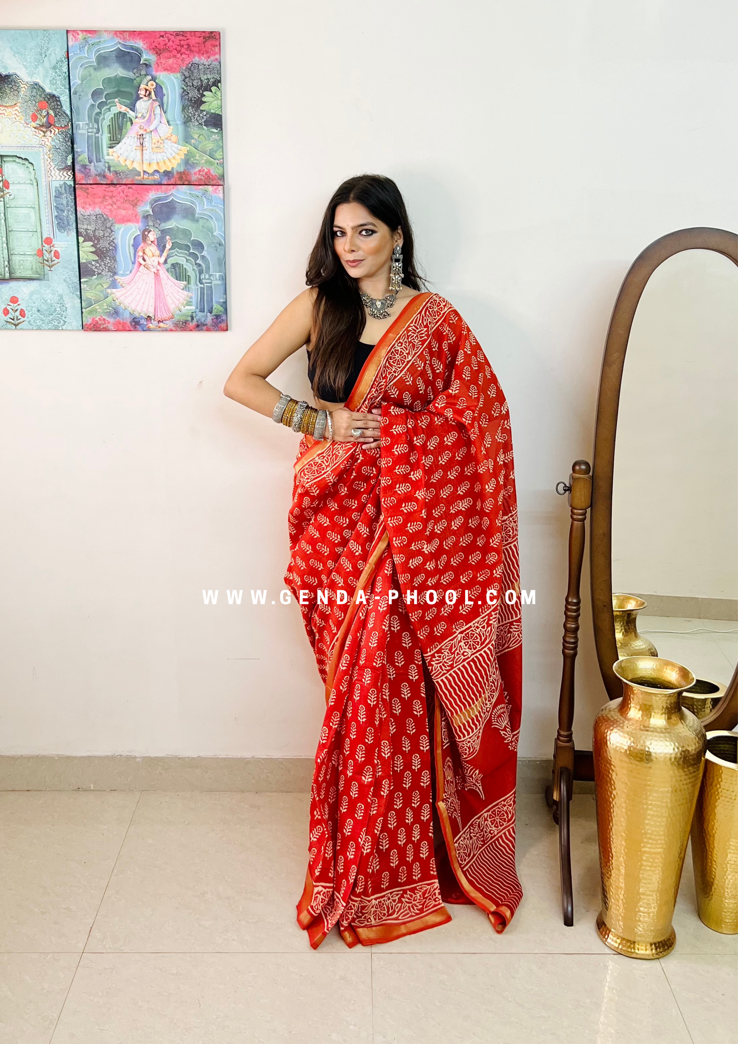 Handloom Dabu Handblock Printed Chanderi Silk Cotton Saree with Zari Border