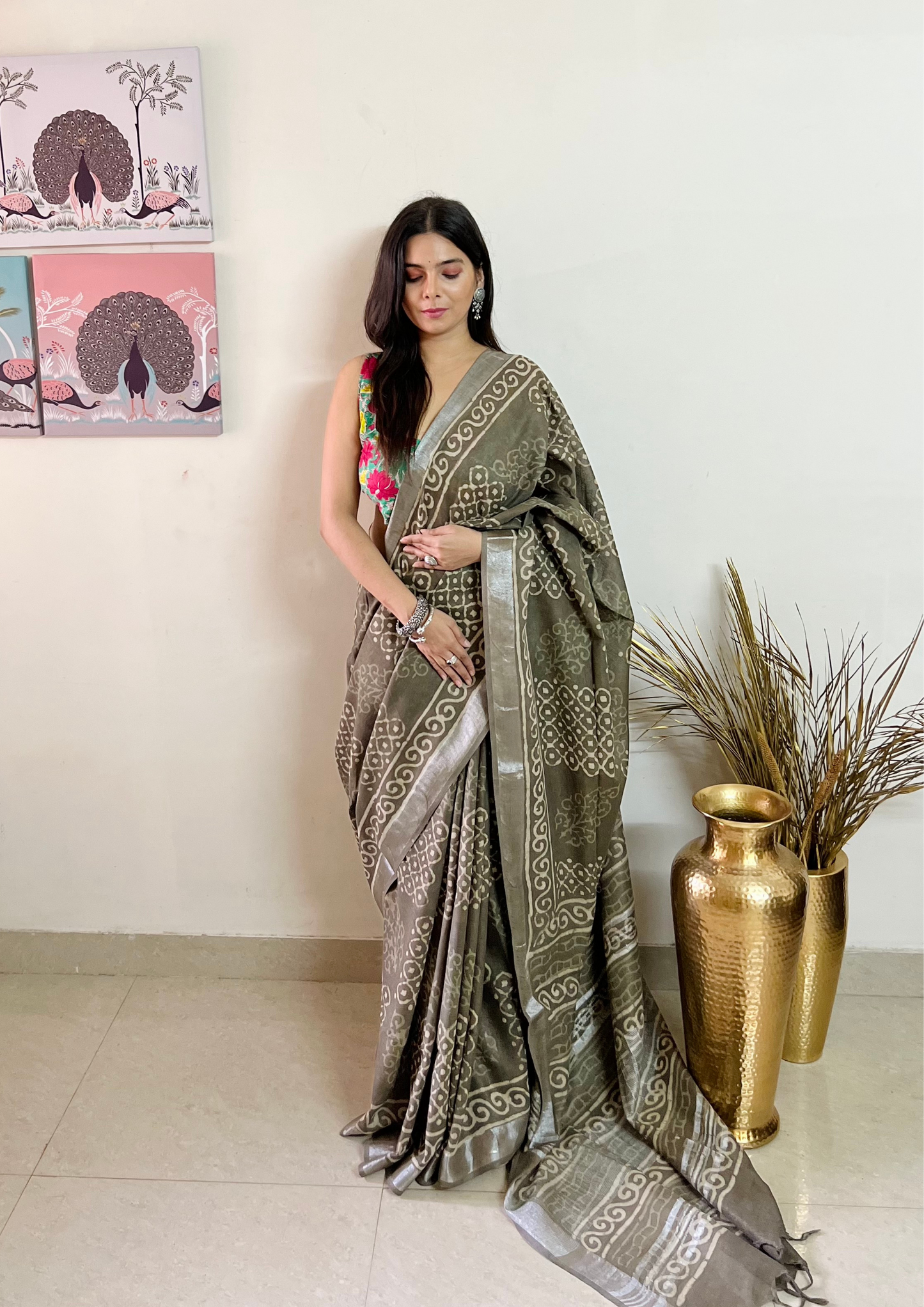 Handblock Printed Linen Cotton Saree