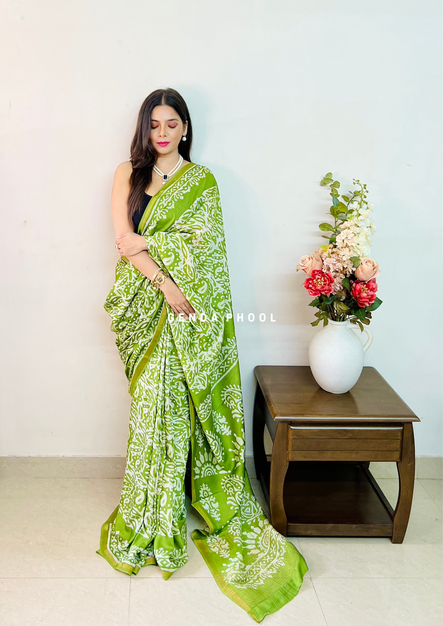 Handloom Handblock Printed Chanderi Silk Cotton Saree with Zari Border