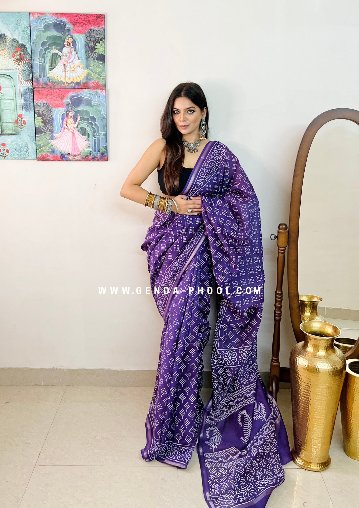 Handloom Dabu Handblock Printed Chanderi Silk Cotton Saree with Zari Border