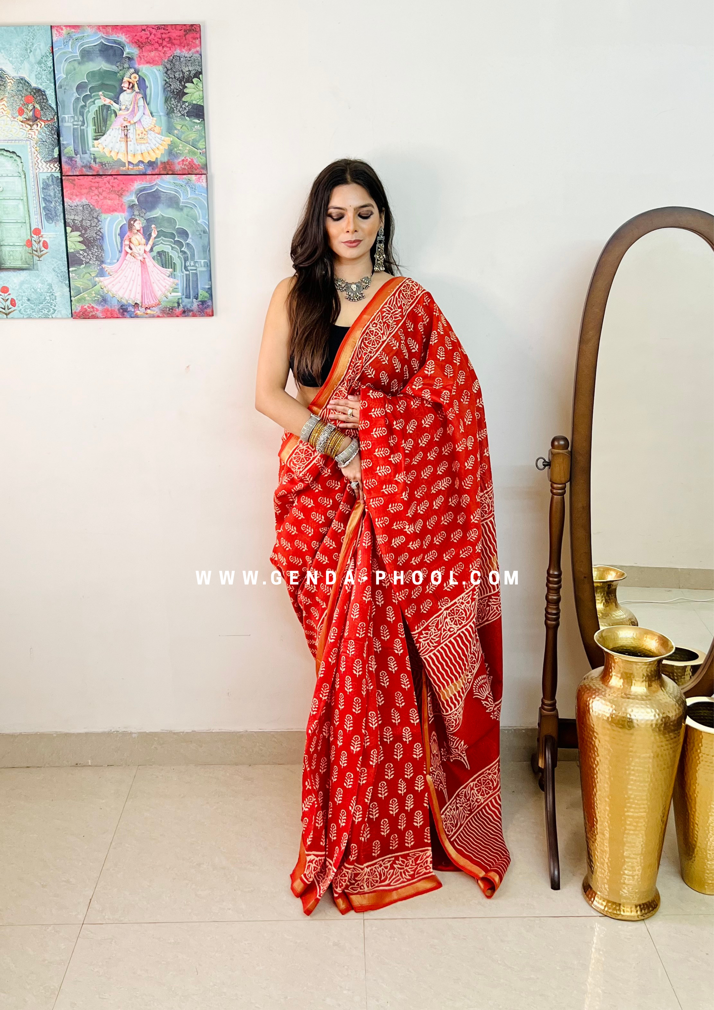 Handloom Dabu Handblock Printed Chanderi Silk Cotton Saree with Zari Border