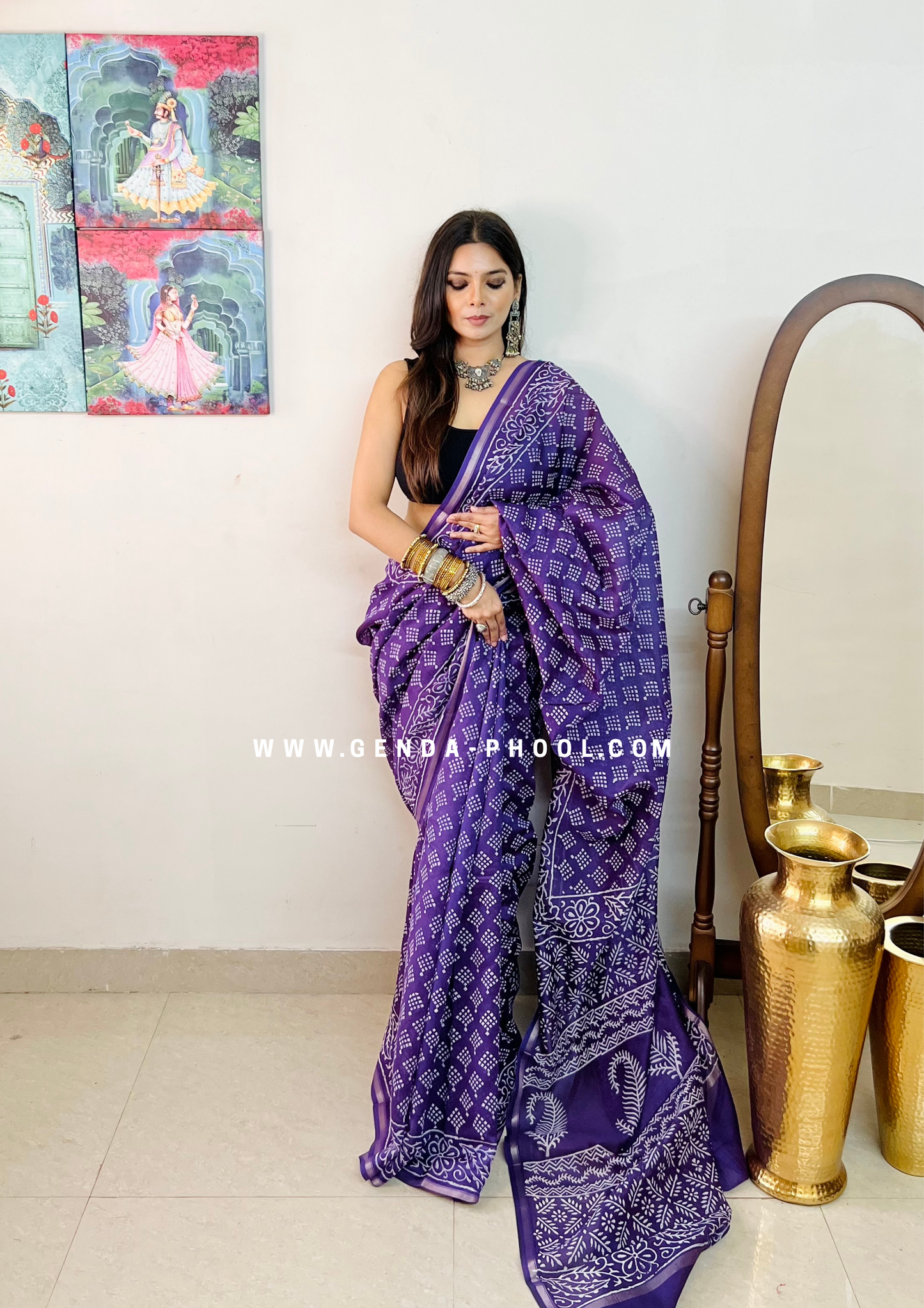 Handloom Dabu Handblock Printed Chanderi Silk Cotton Saree with Zari Border