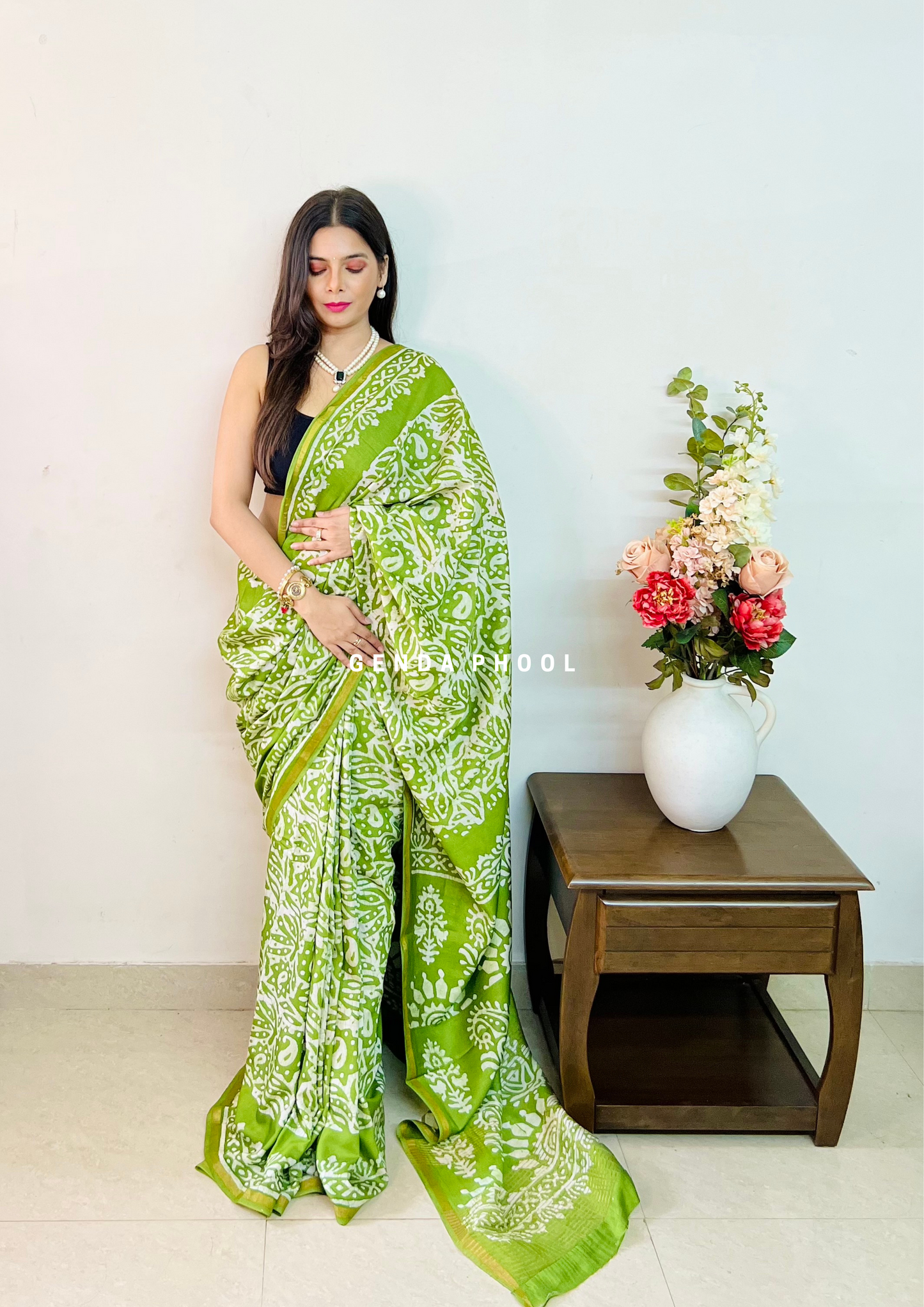 Handloom Handblock Printed Chanderi Silk Cotton Saree with Zari Border