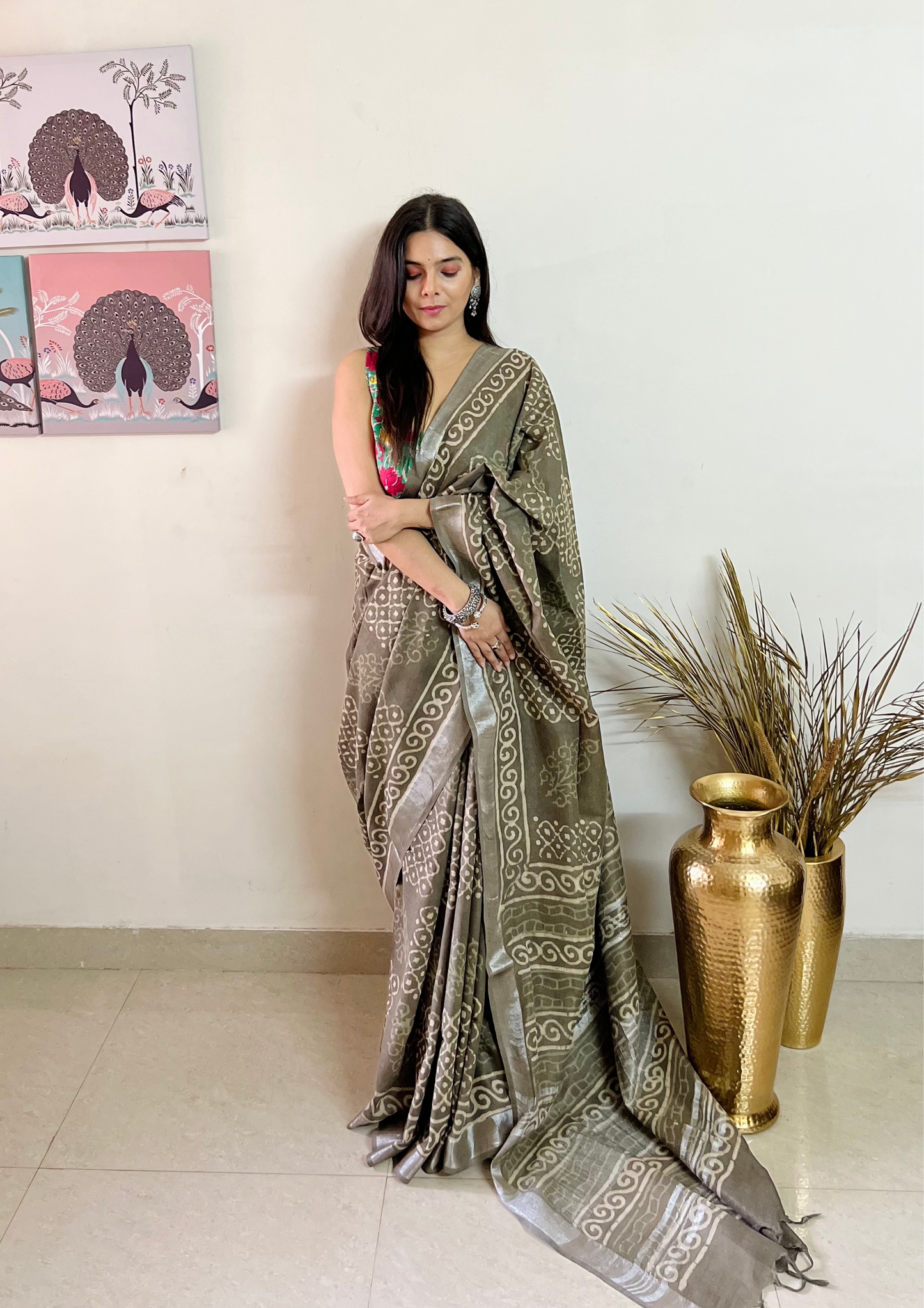 Handblock Printed Linen Cotton Saree