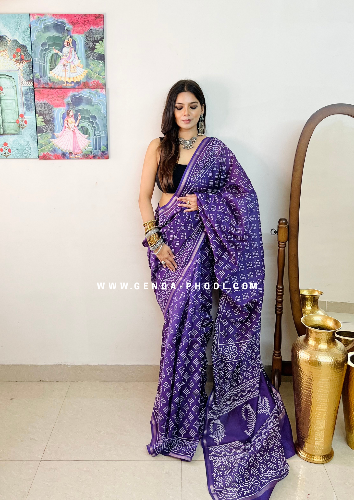 Handloom Dabu Handblock Printed Chanderi Silk Cotton Saree with Zari Border