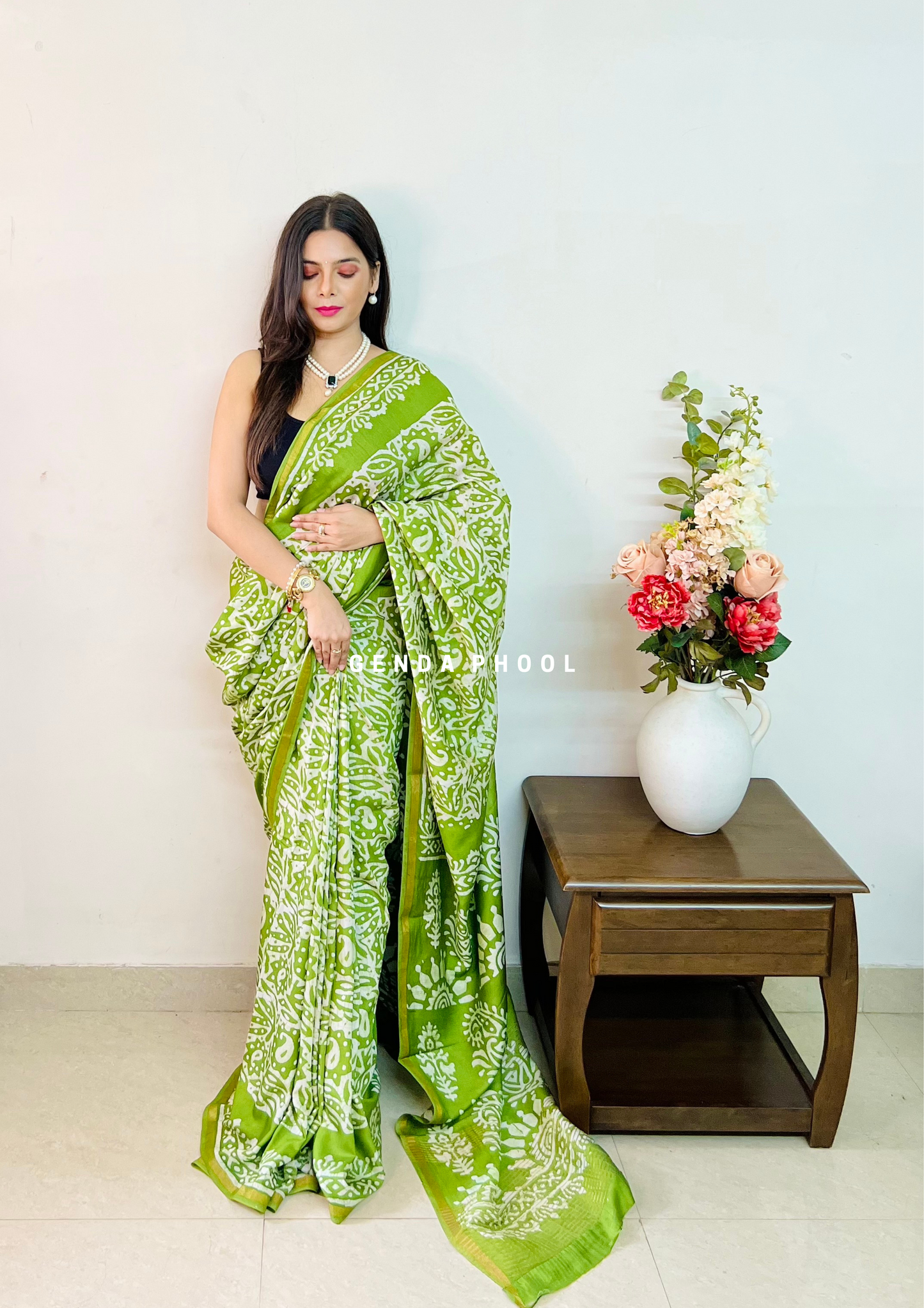 Handloom Handblock Printed Chanderi Silk Cotton Saree with Zari Border