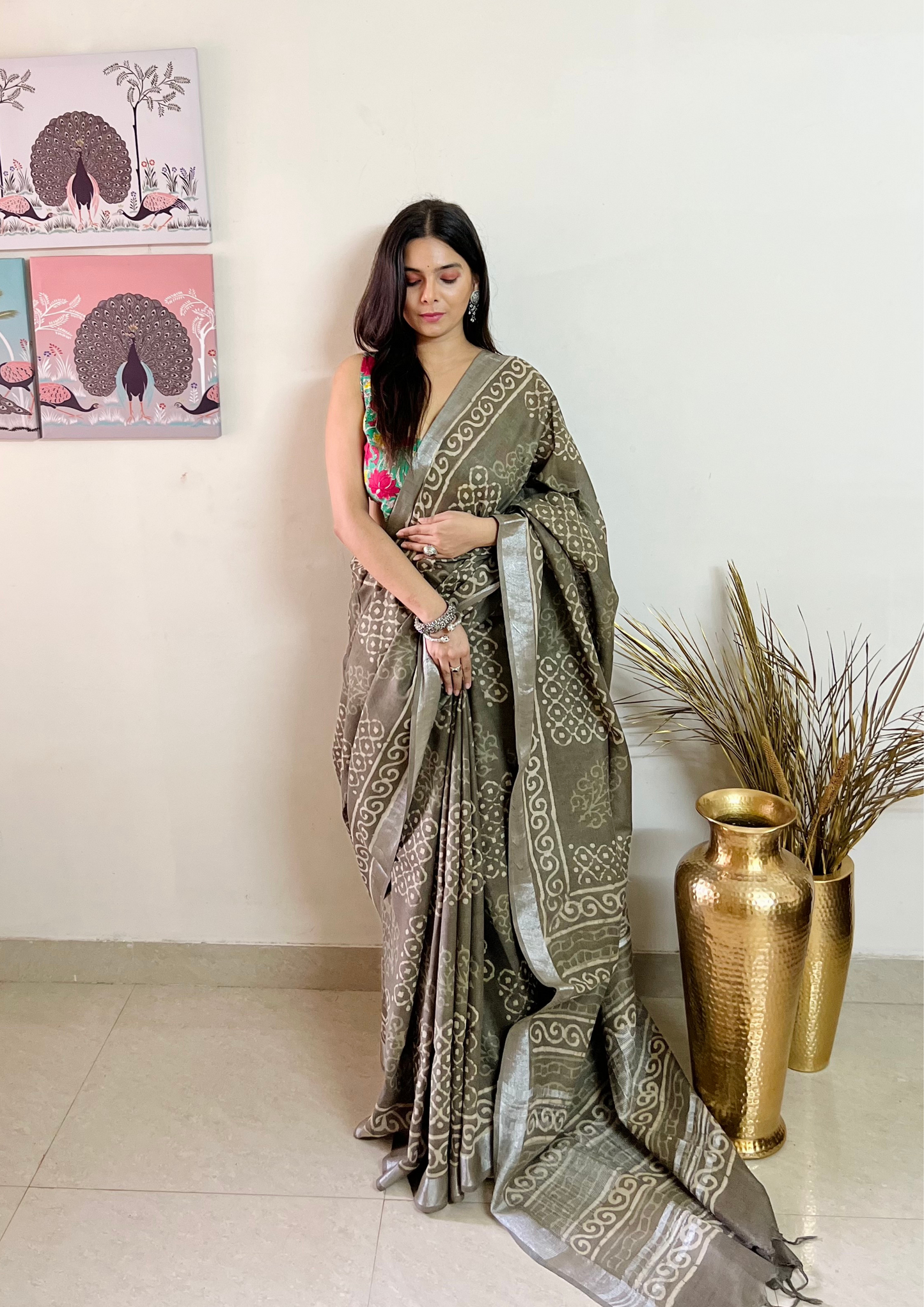 Handblock Printed Linen Cotton Saree