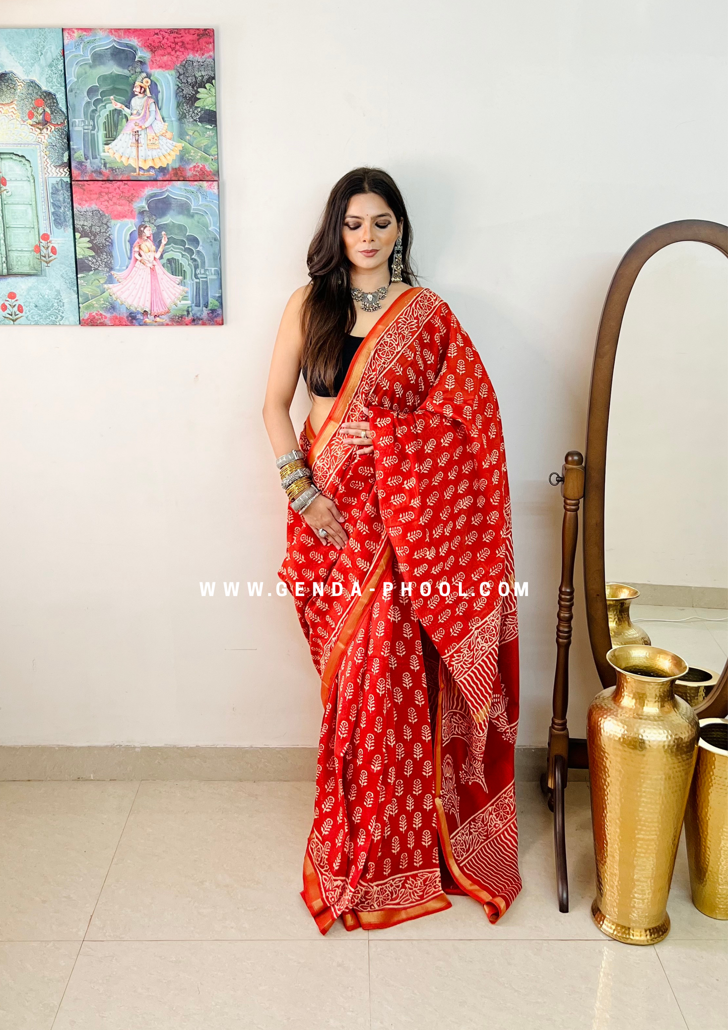 Handloom Dabu Handblock Printed Chanderi Silk Cotton Saree with Zari Border