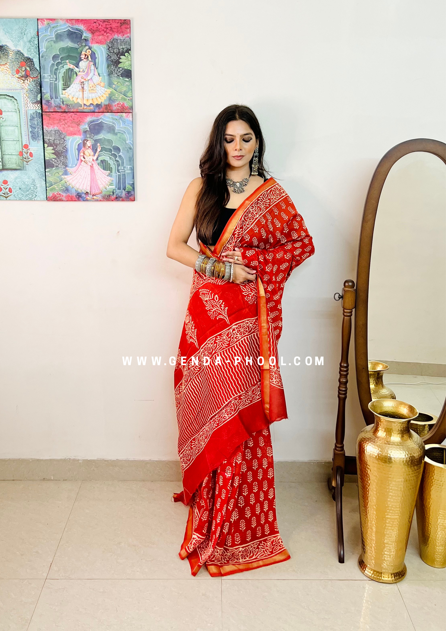 Handloom Dabu Handblock Printed Chanderi Silk Cotton Saree with Zari Border