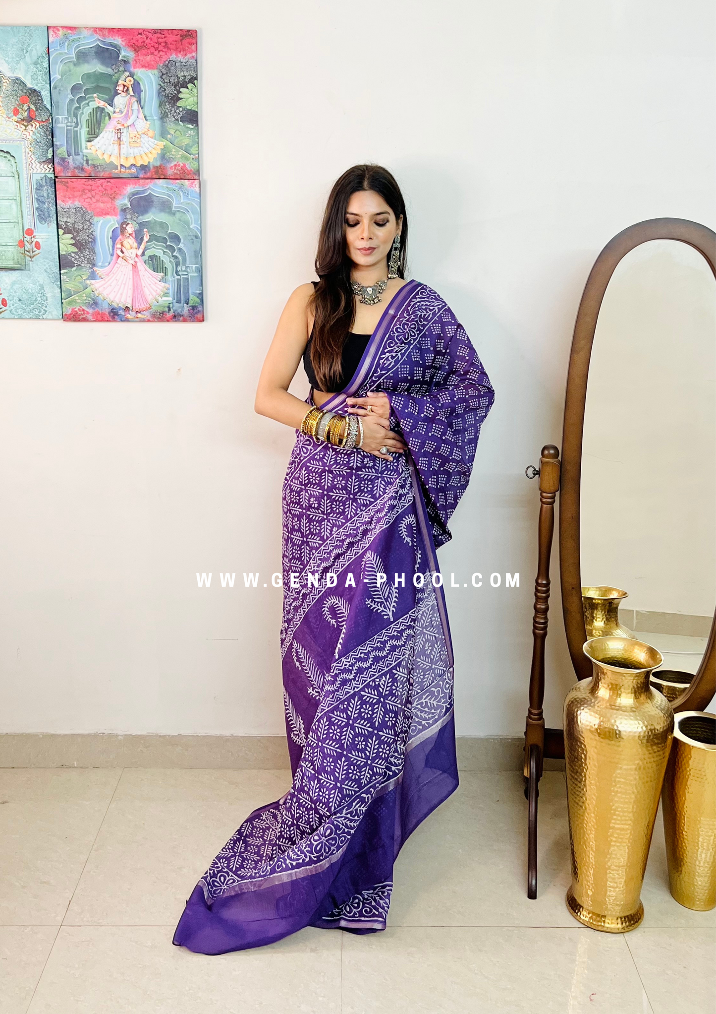 Handloom Dabu Handblock Printed Chanderi Silk Cotton Saree with Zari Border