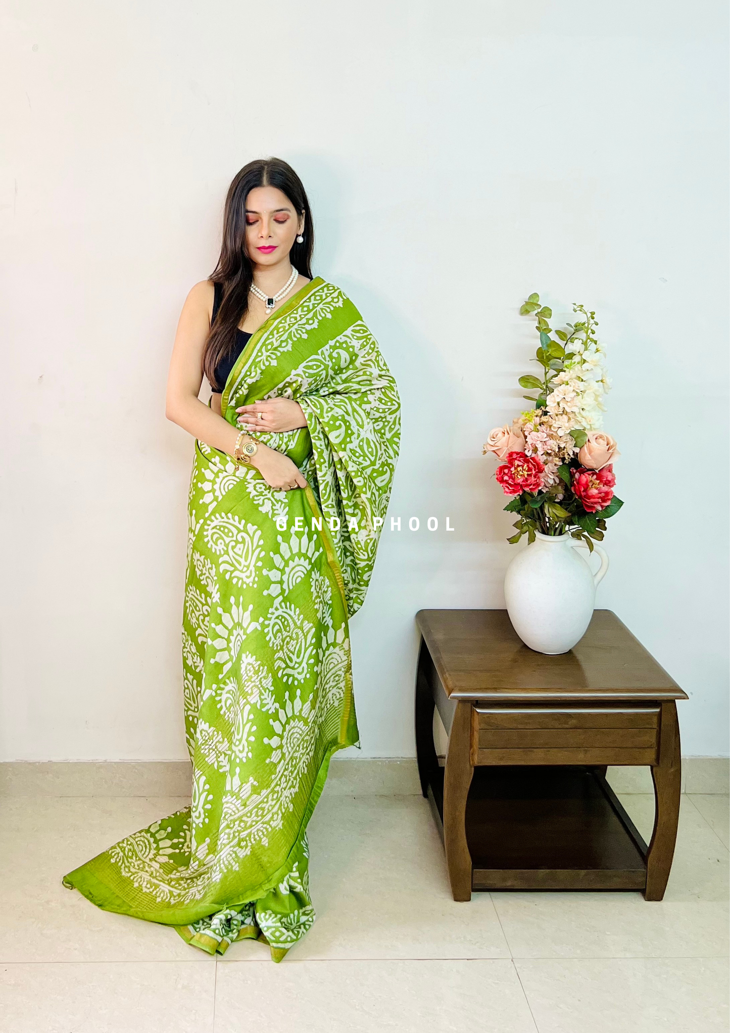 Handloom Handblock Printed Chanderi Silk Cotton Saree with Zari Border