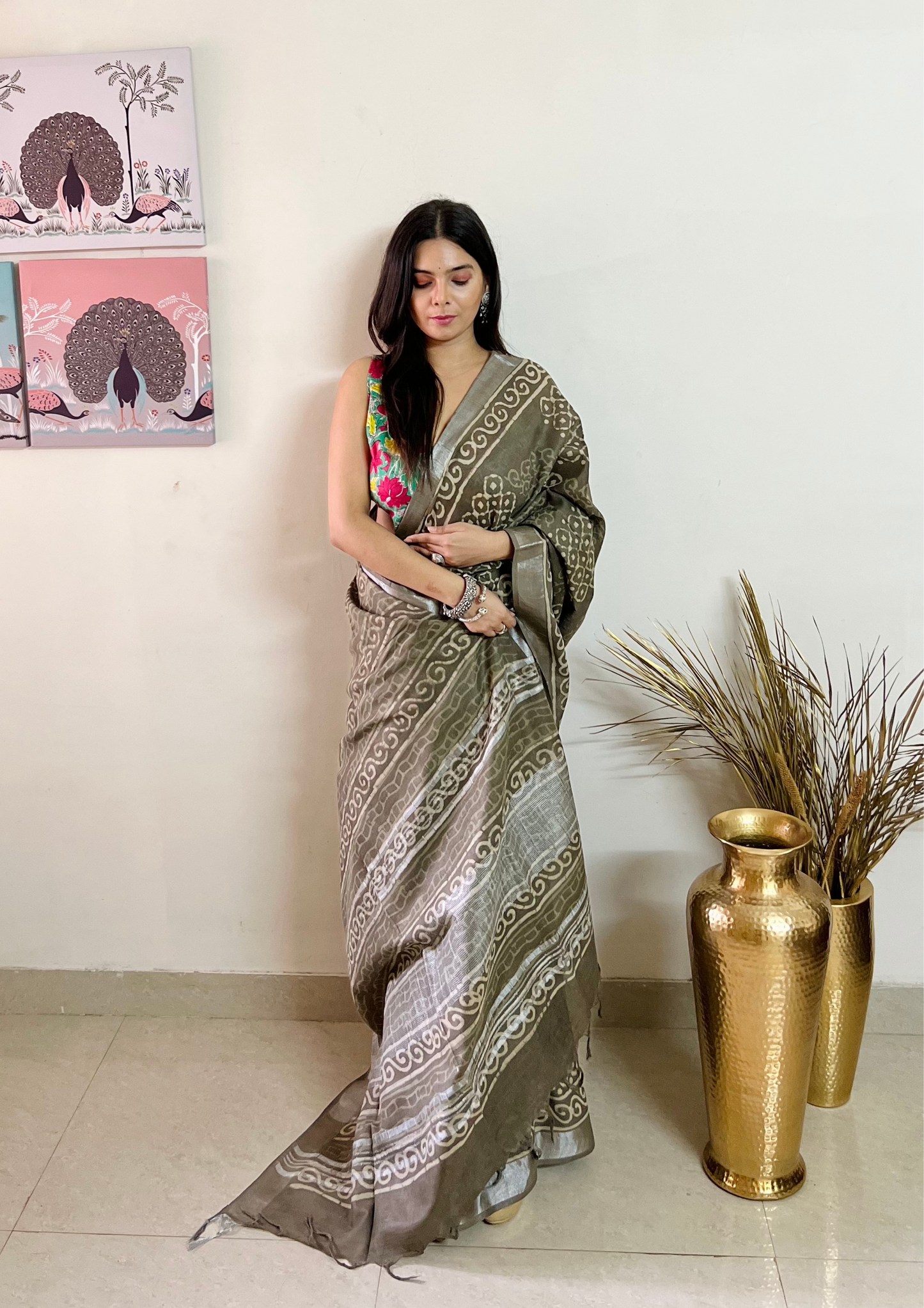 Handblock Printed Linen Cotton Saree