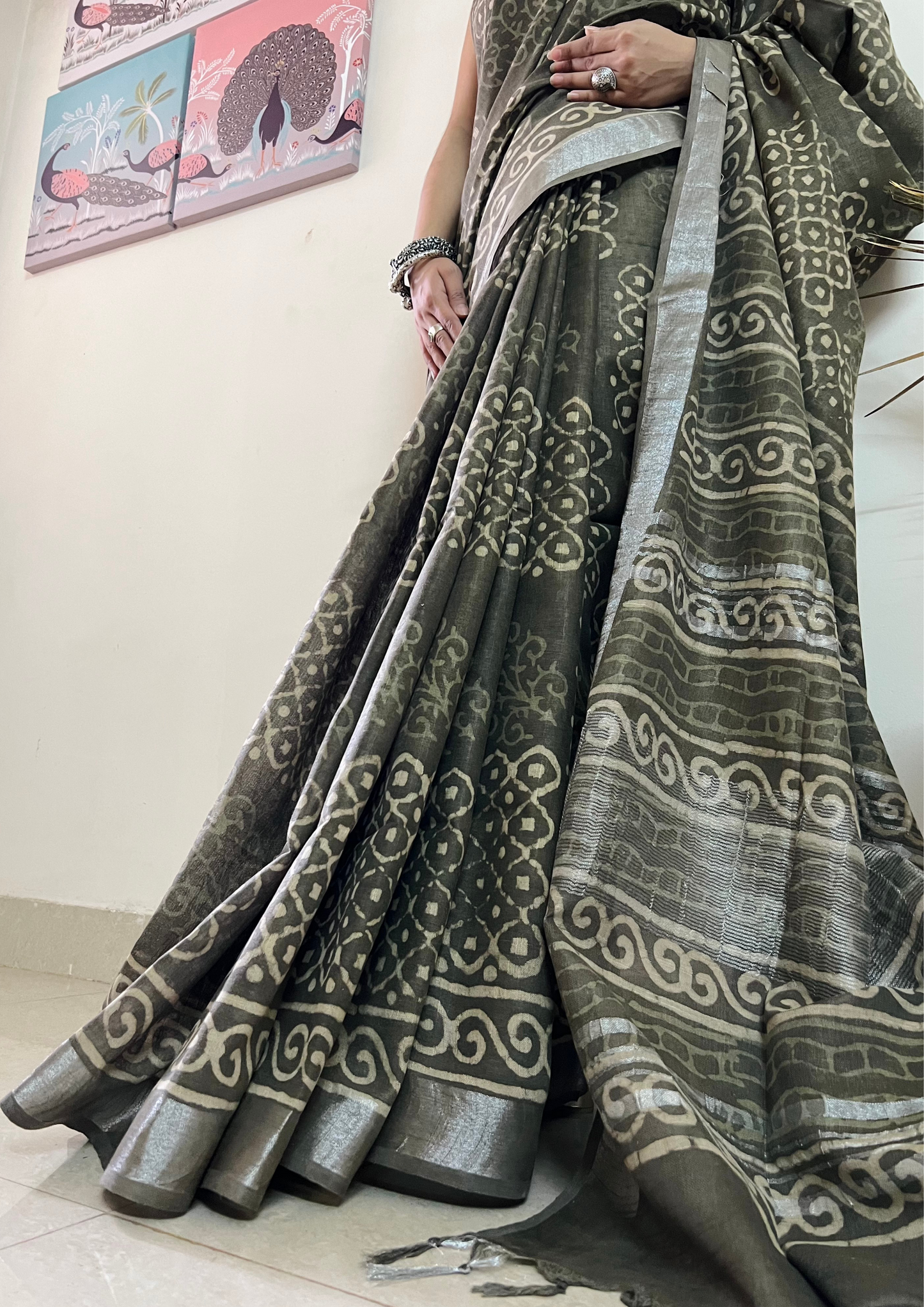 Handblock Printed Linen Cotton Saree