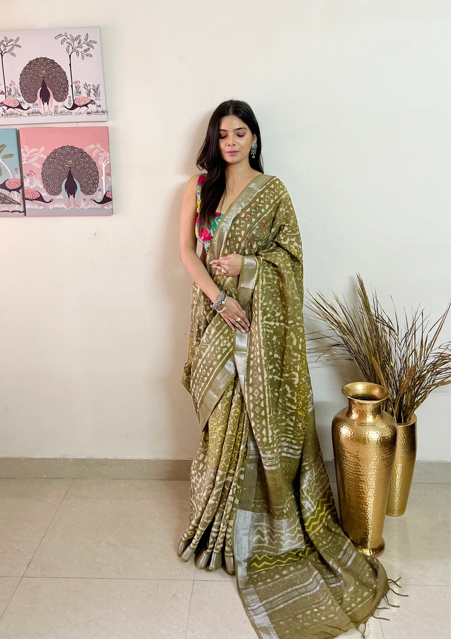 Handblock Printed Linen Cotton Saree