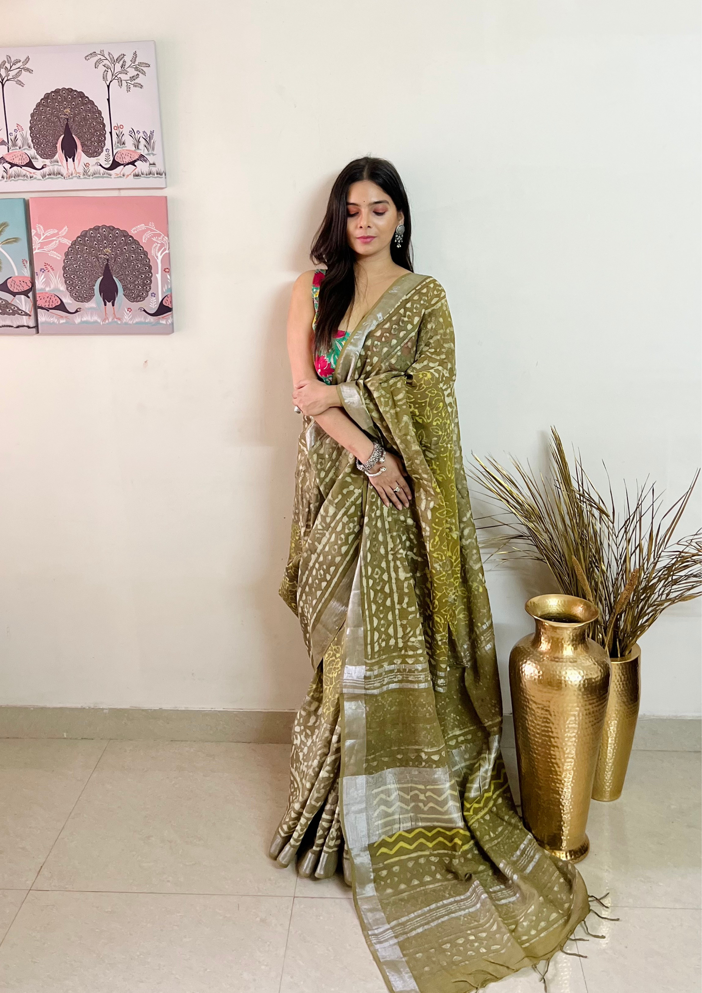 Handblock Printed Linen Cotton Saree