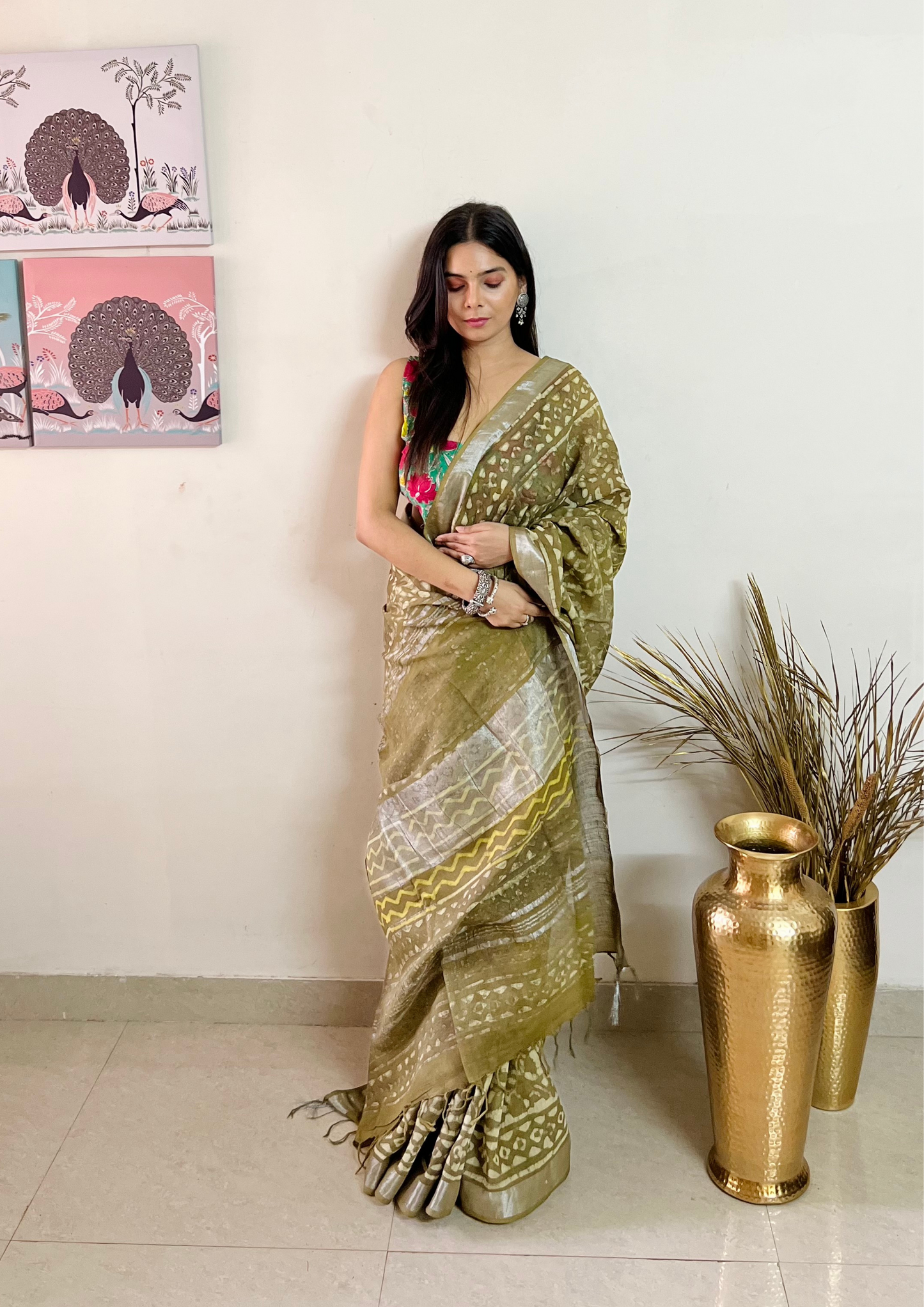 Handblock Printed Linen Cotton Saree