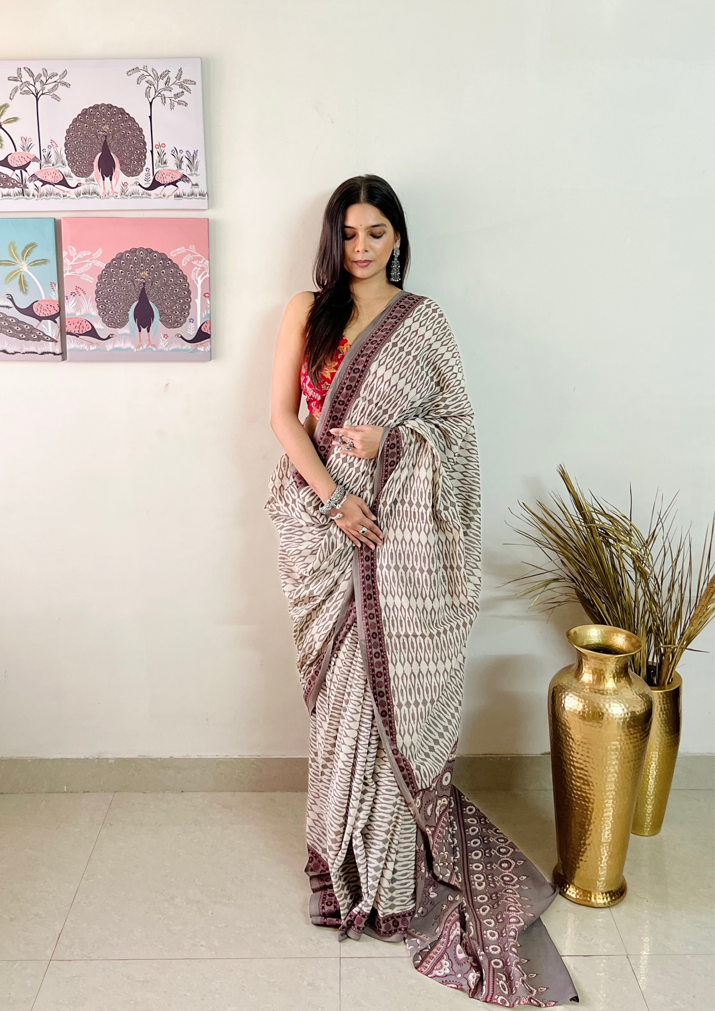 Grey Handblock Printed Contrast Border and Contrast Blouse Mulmul Cotton Saree