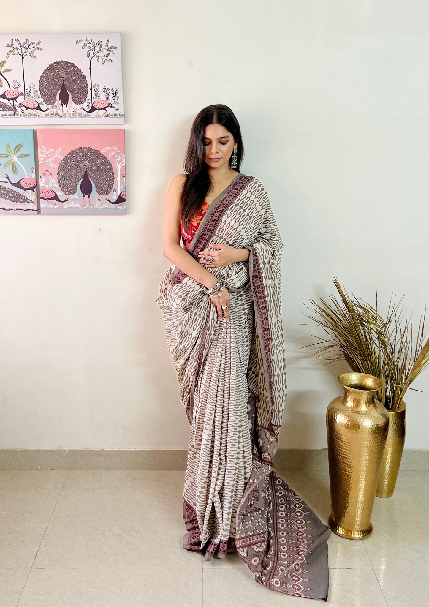 Grey Handblock Printed Contrast Border and Contrast Blouse Mulmul Cotton Saree