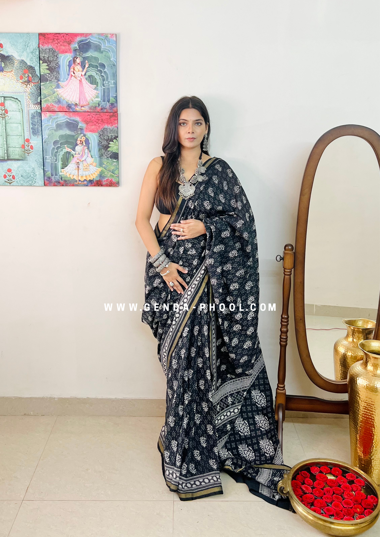 Dabu Hand-Block Chanderi Cotton Silk Saree with Zari Border