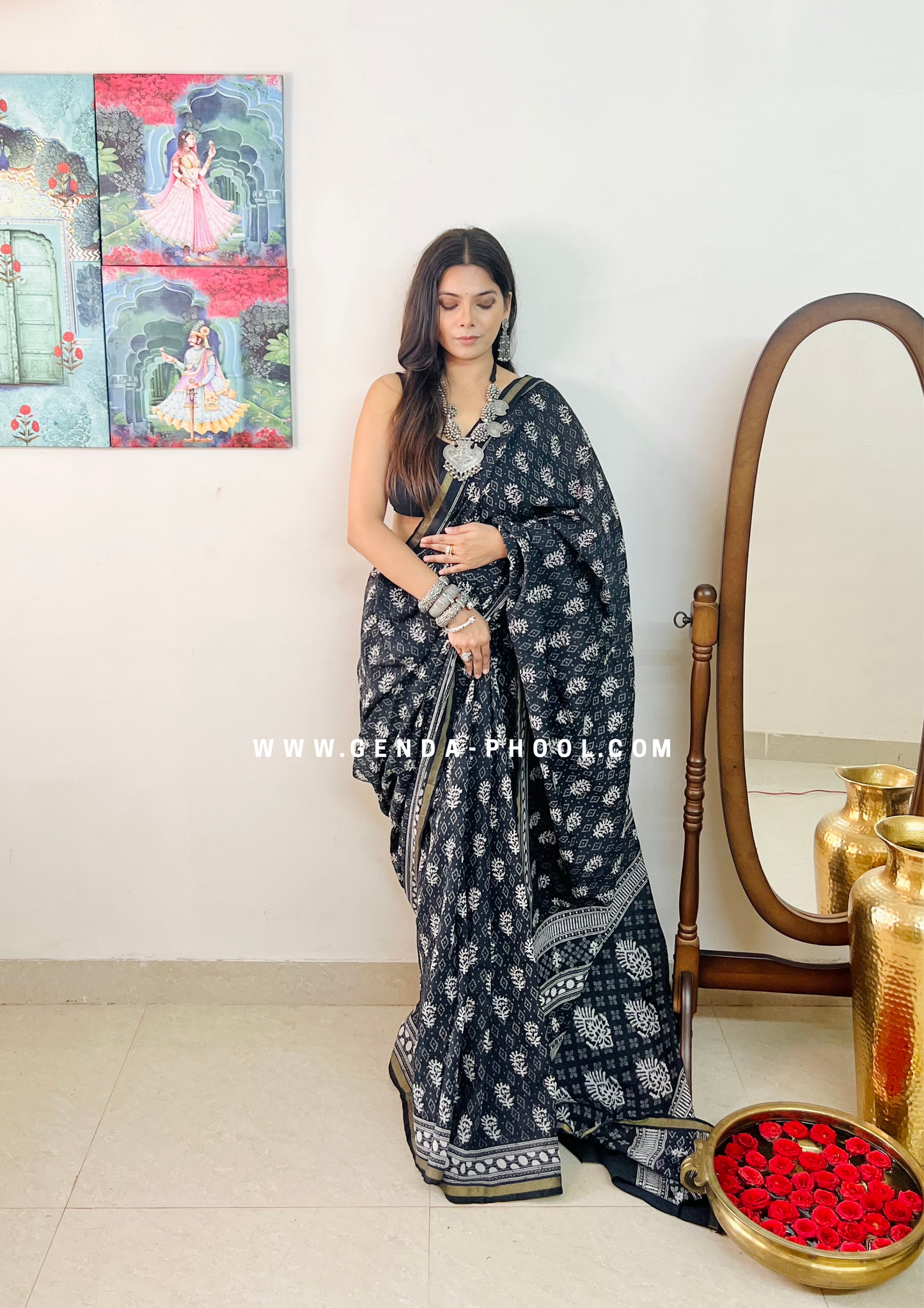 Dabu Hand-Block Chanderi Cotton Silk Saree with Zari Border
