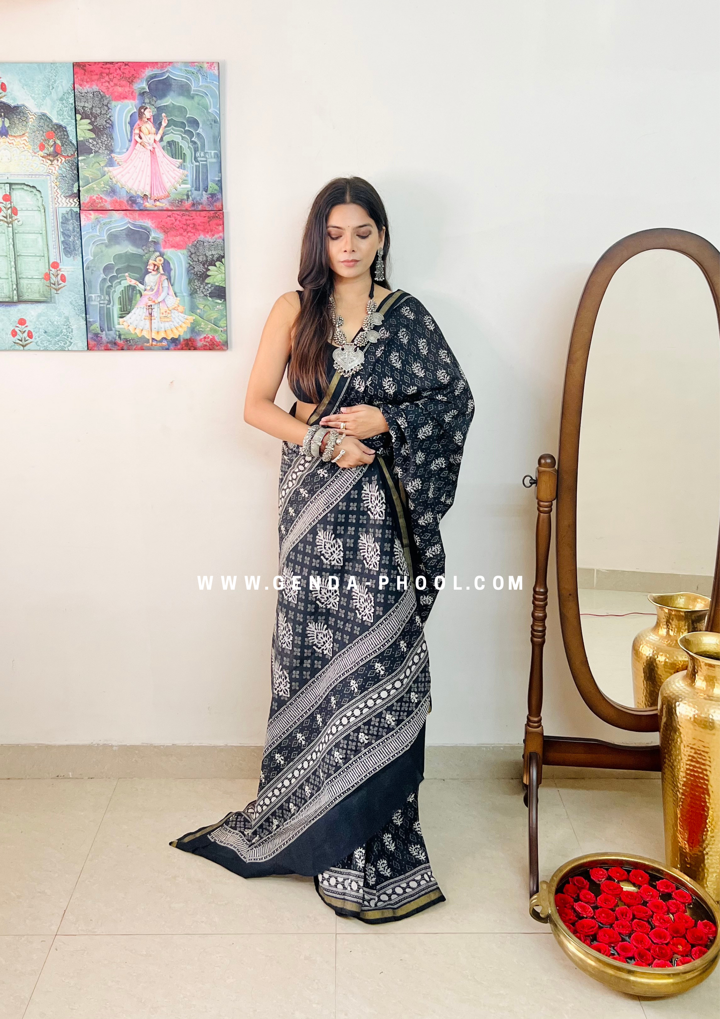 Dabu Hand-Block Chanderi Cotton Silk Saree with Zari Border