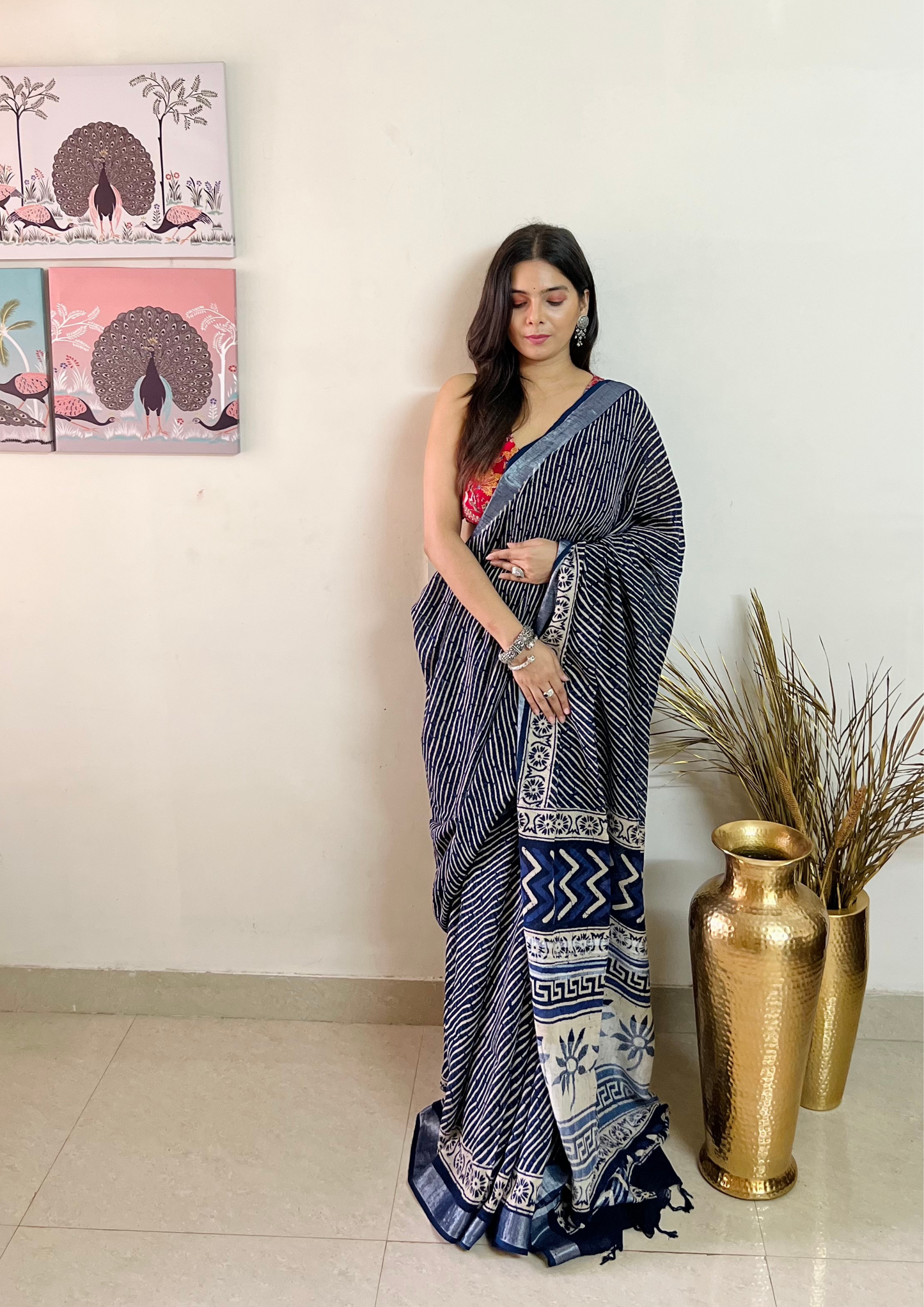 Handblock Printed Linen Cotton Saree