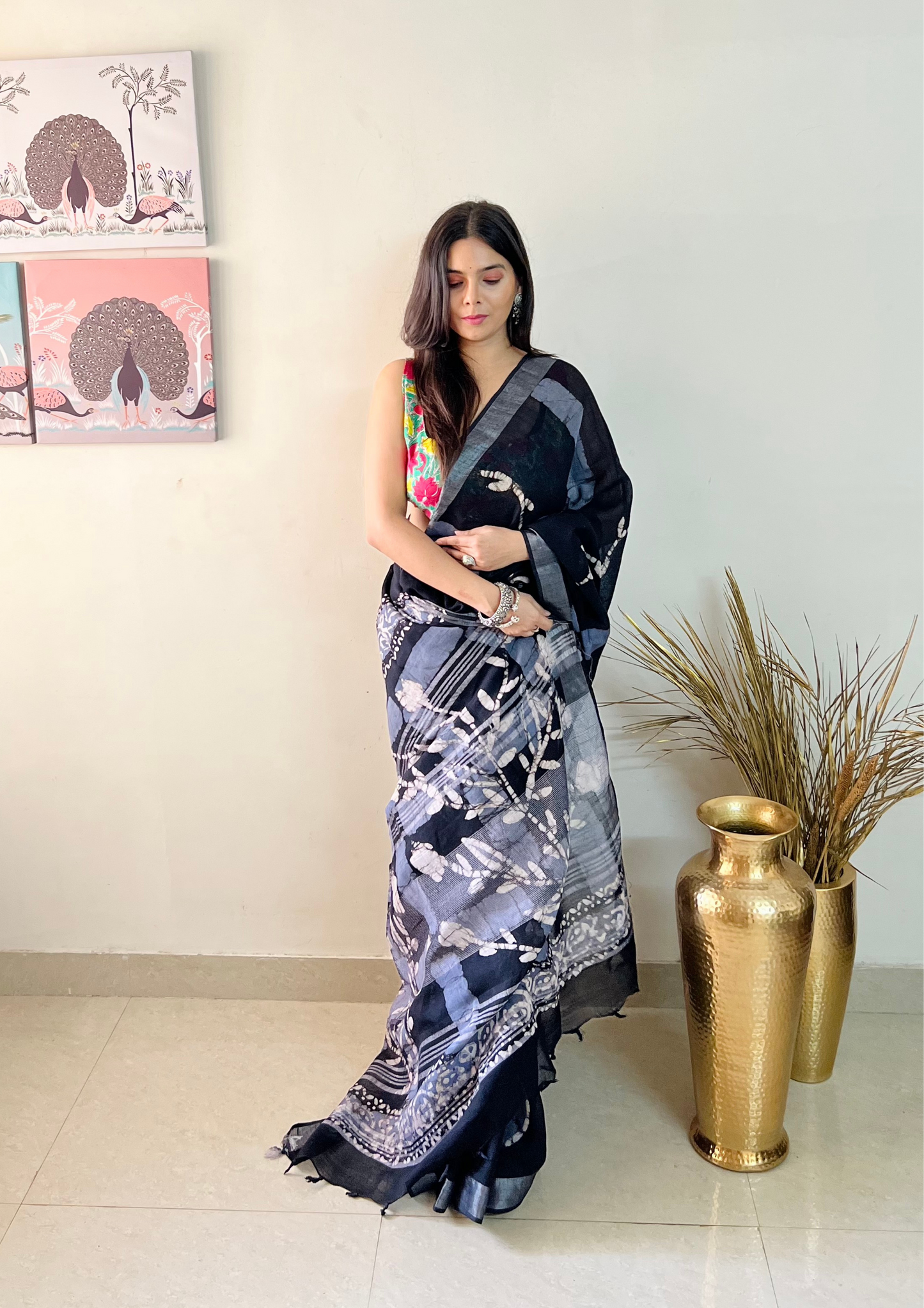 Handblock Printed Linen Cotton Saree