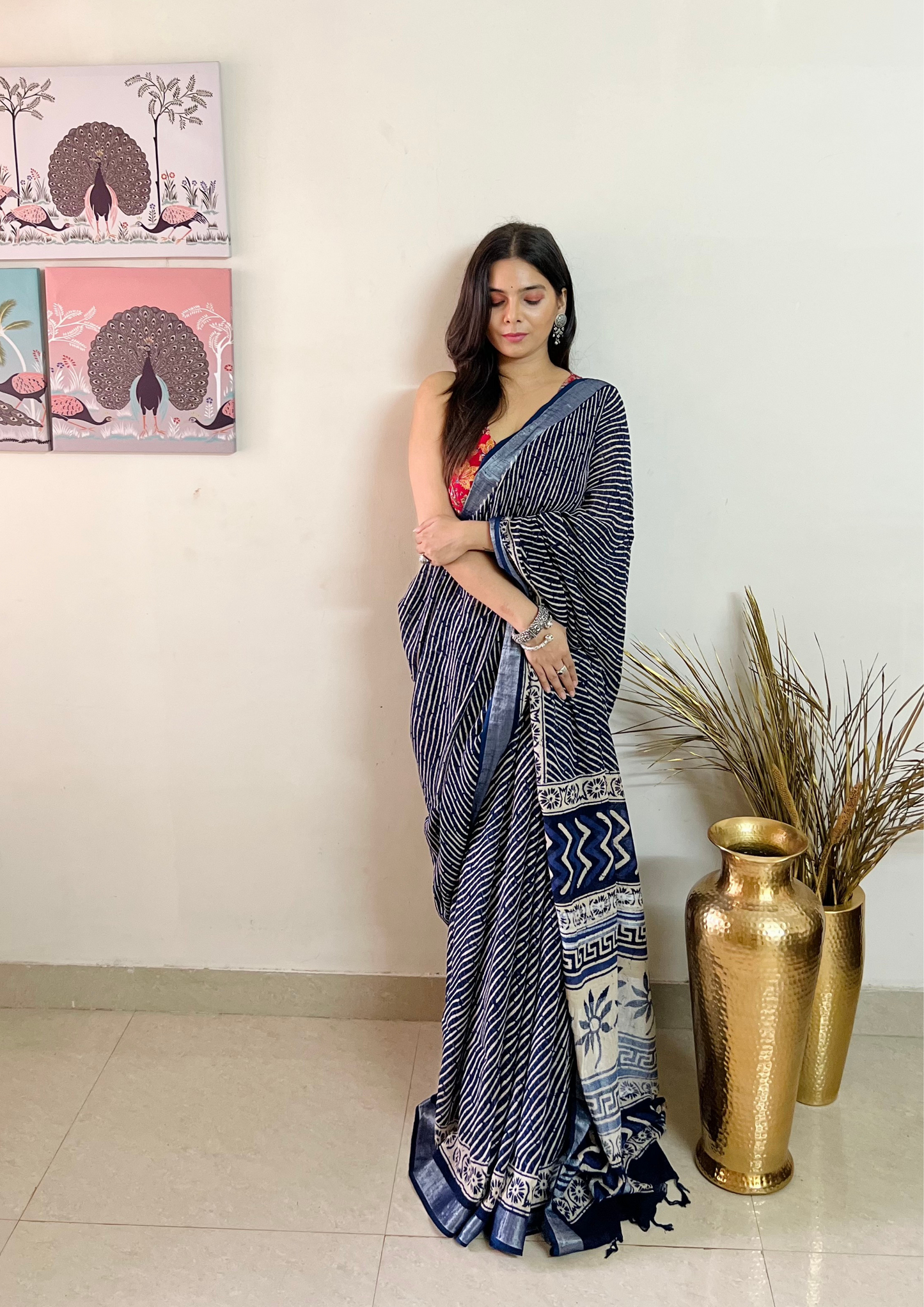 Handblock Printed Linen Cotton Saree