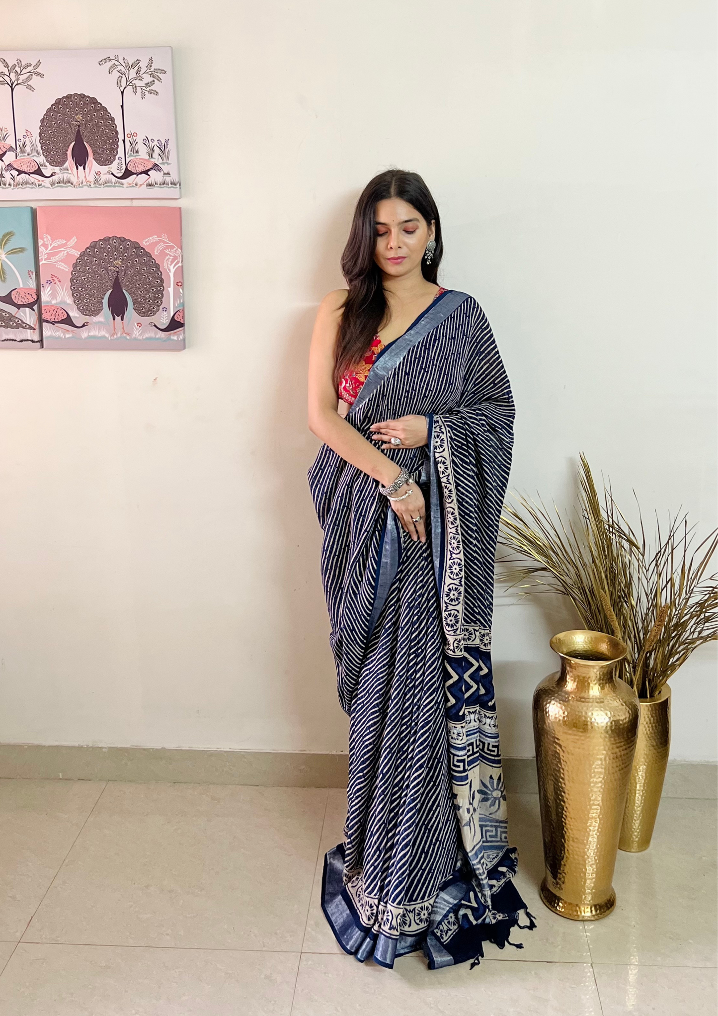 Handblock Printed Linen Cotton Saree