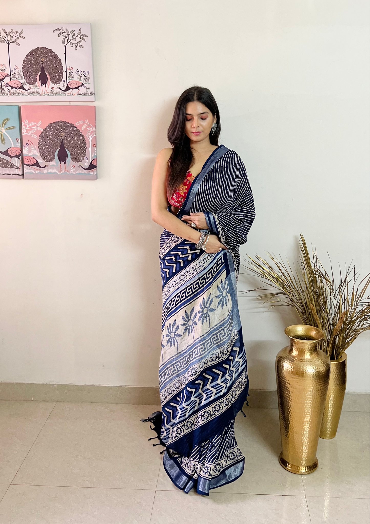 Handblock Printed Linen Cotton Saree