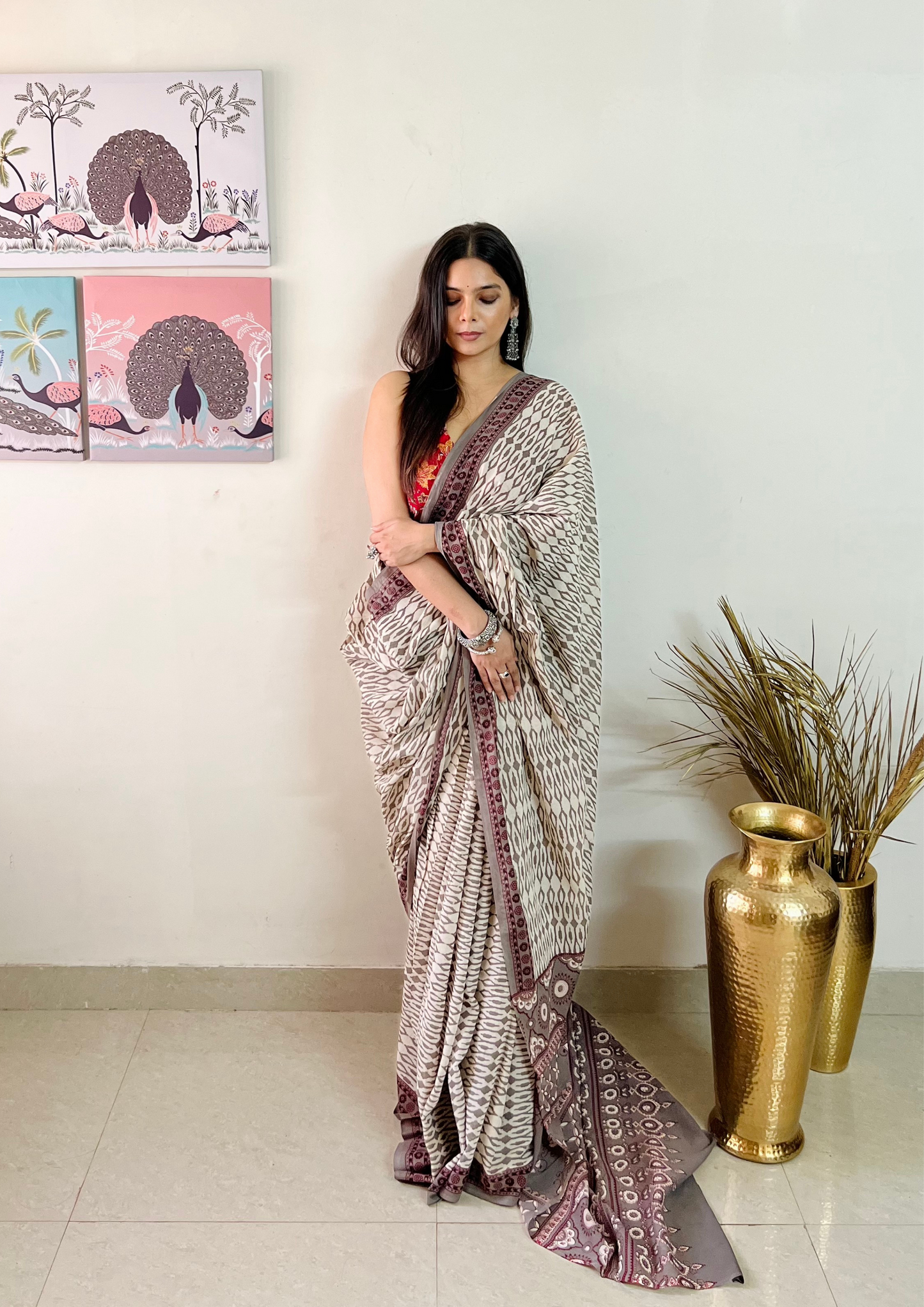 Hand block printed Natural Dyed Mulmul Cotton Saree