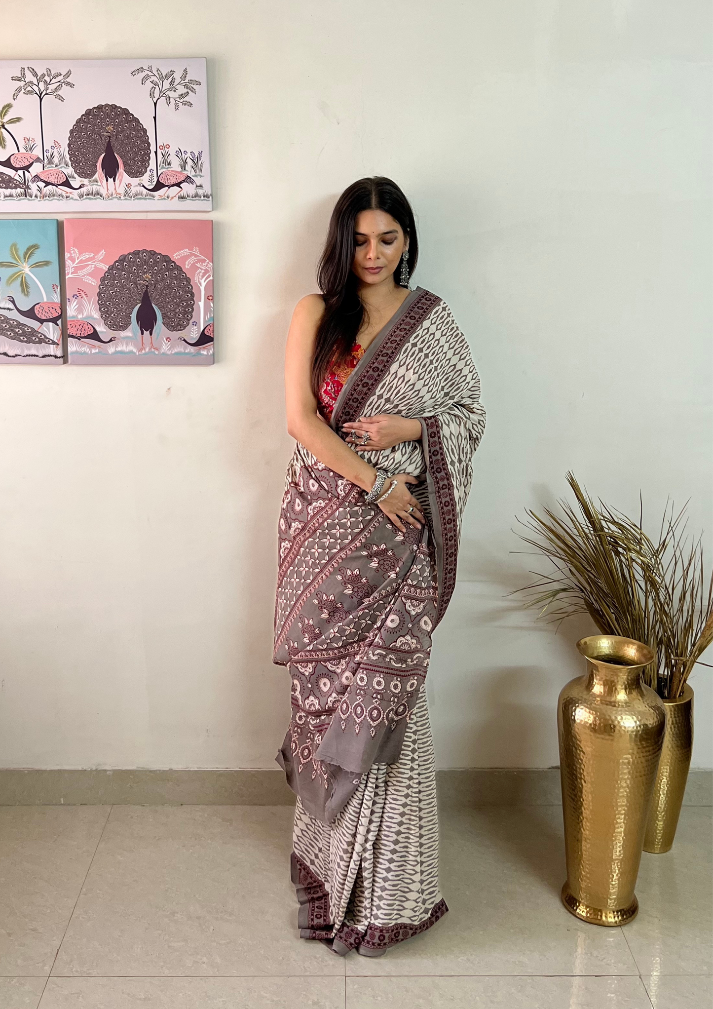 Hand block printed Natural Dyed Mulmul Cotton Saree