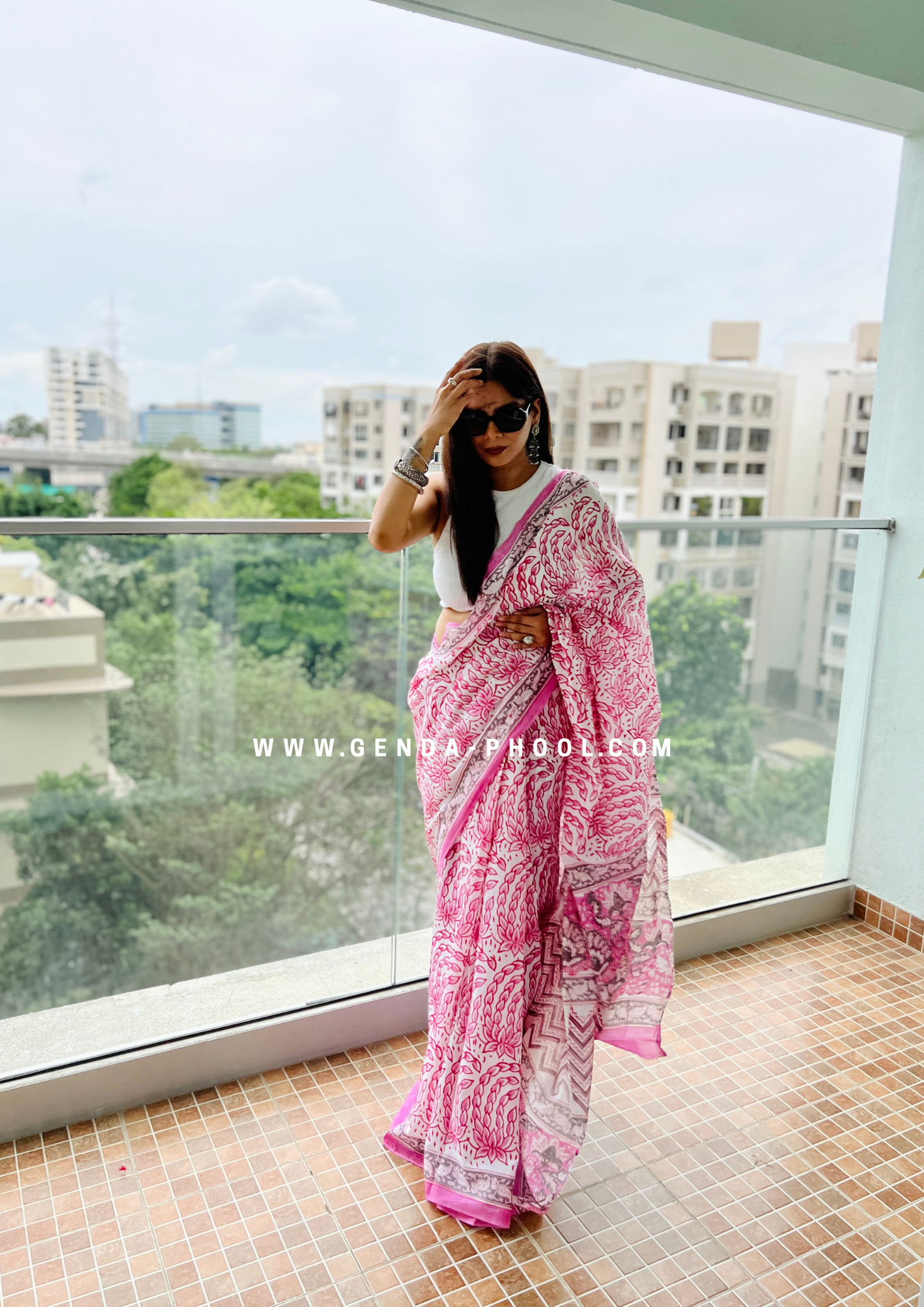 Pink Lotus Print Handblock Mulmul Saree