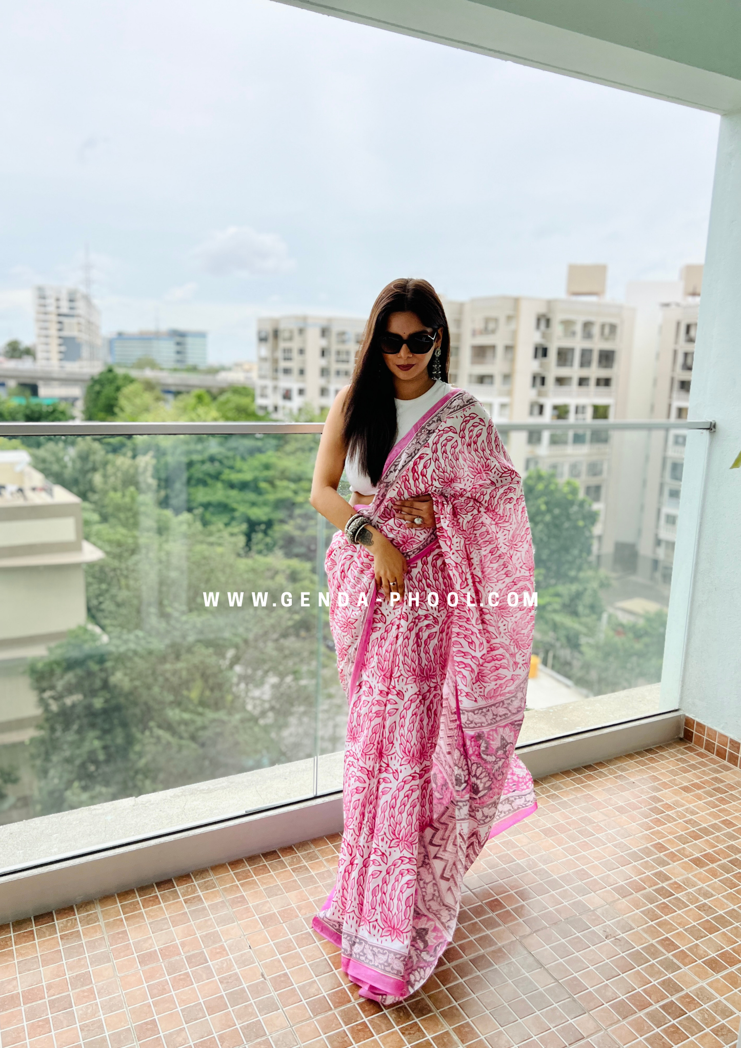 Pink Lotus Print Handblock Mulmul Saree