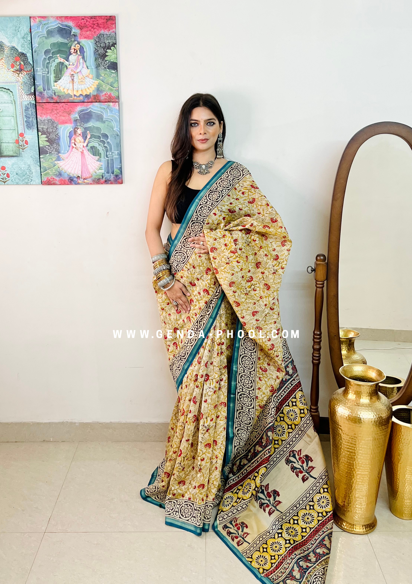 Handloom Kalamkari Handblock Printed Chanderi Silk Cotton Saree with Zari Border