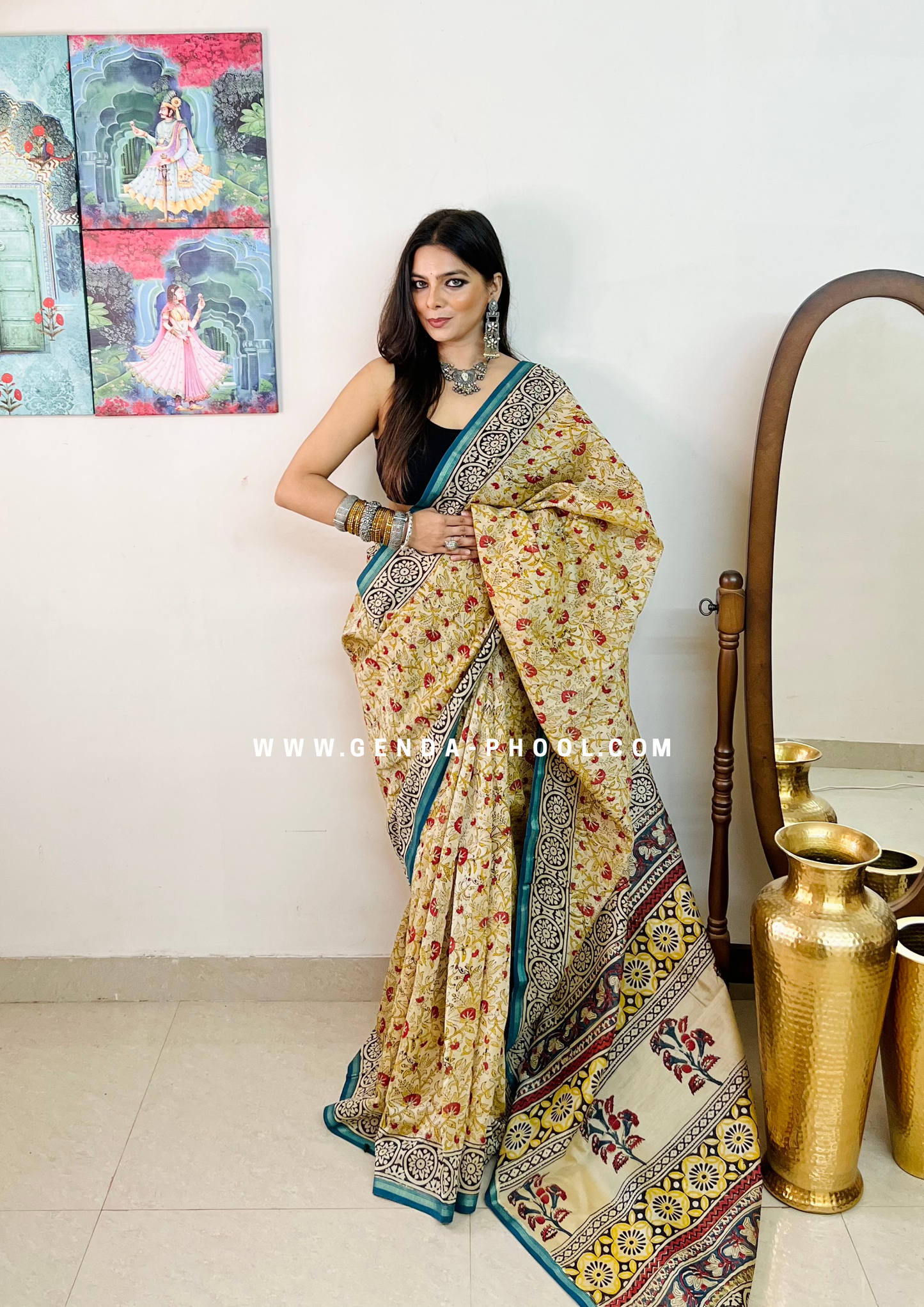 Handloom Kalamkari Handblock Printed Chanderi Silk Cotton Saree with Zari Border